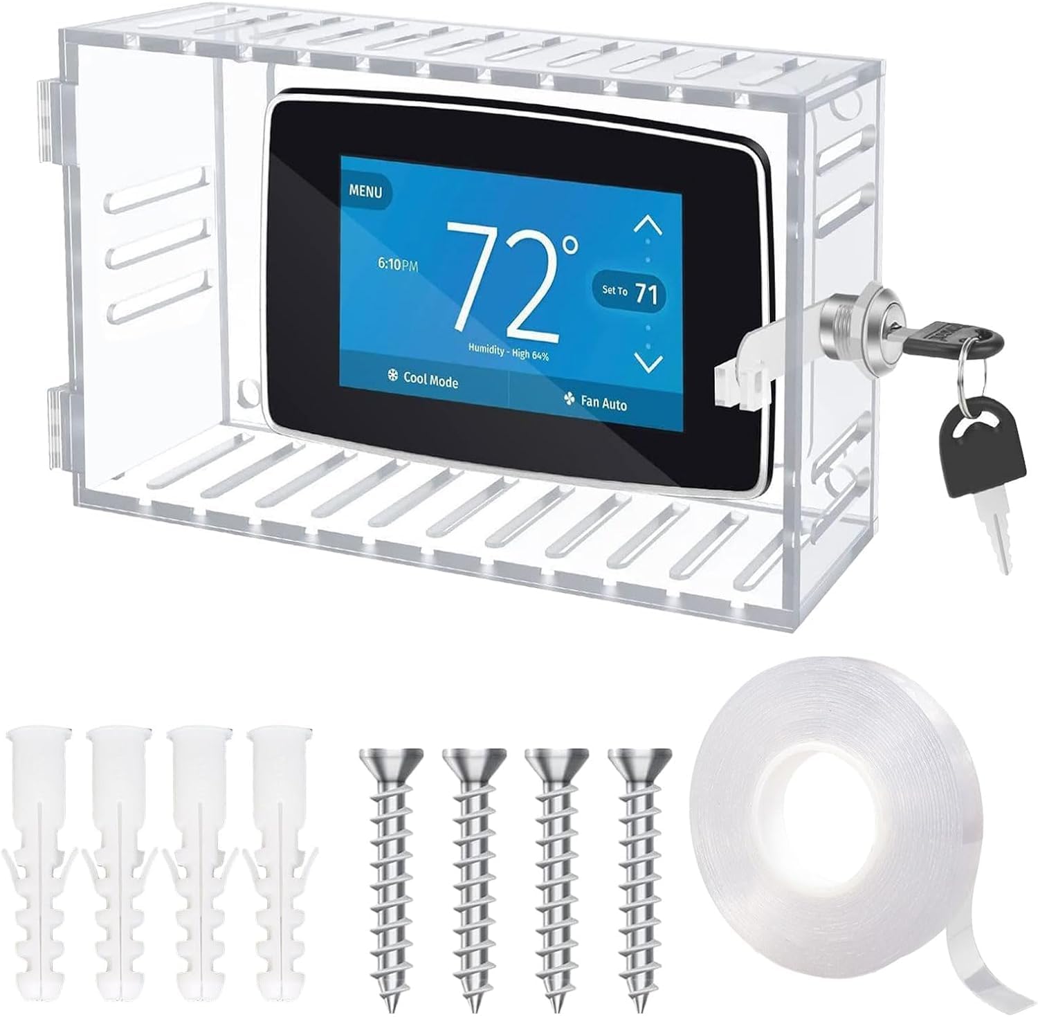 Universal Thermostat Lock Box with Key - Clear Acrylic Wall Mounted Cover Guard for Thermostats up to 7.8