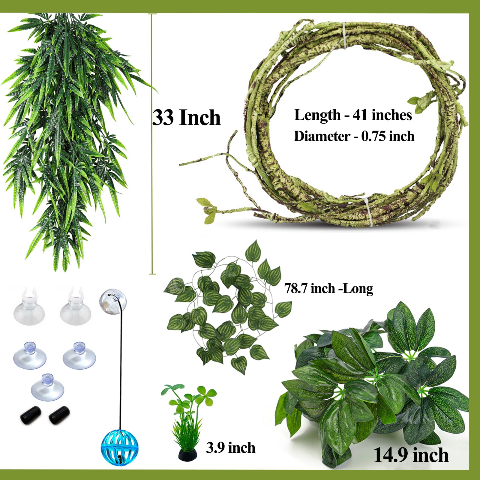 HERCOCCI Artificial Reptile Plants - Terrarium Hanging Vines & Climbing Plants for Leopard Gecko, Bearded Dragon, Snake & Chameleon Habitats - Natural-Looking Tank Decor & Hide Accessories - Perfect for Jungle-Themed Vivariums & Reptile Enclosures