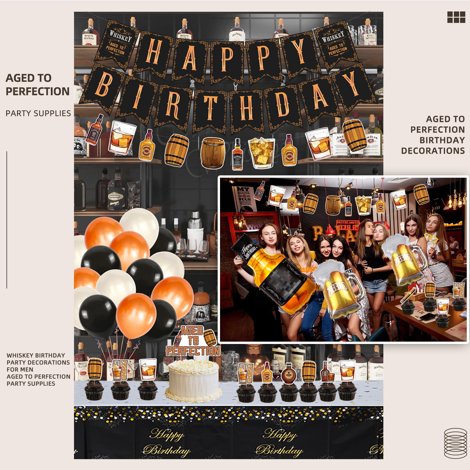 Whiskey Birthday Party Decorations for Men - Aged to Perfection Party Supplies Set with Banner, Garland, Tablecloth, Cake Toppers & Foil Balloons - Perfect for Dad's Whiskey Themed Celebration, 50th Birthday Party or Bourbon Lover's Event