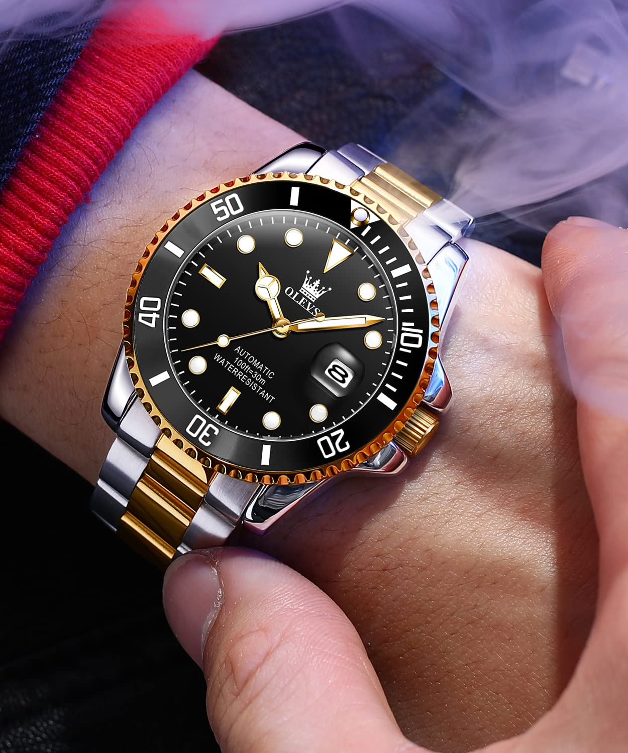 OLEVS Men's Automatic Self-Winding Mechanical Watch - Gold/Silver Stainless Steel Luxury Dress Watch with Big Face, Date Window, Waterproof & Luminous Rotating Bezel - Perfect for Business, Formal Events & Everyday Wear