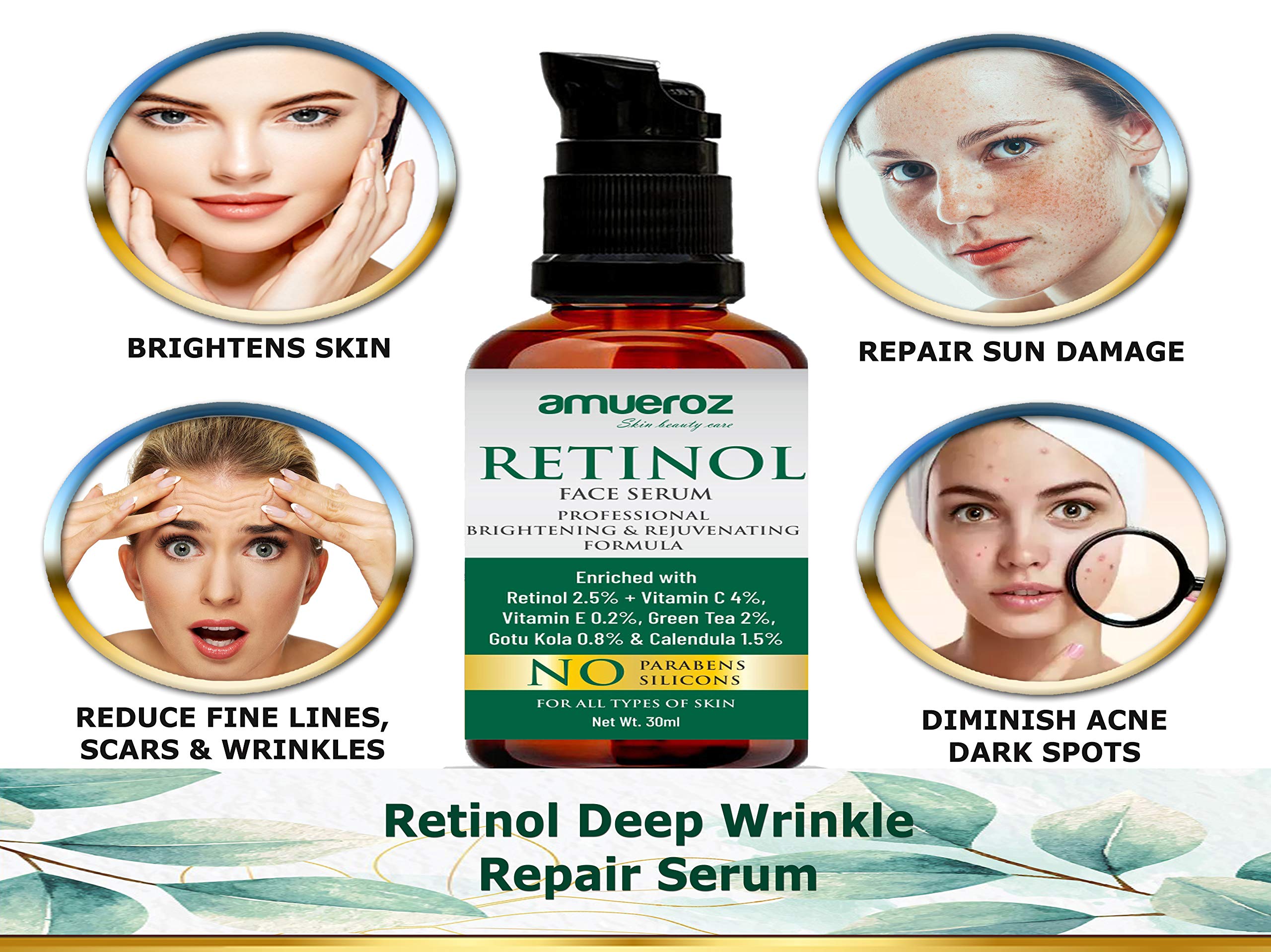 Amueroz Retinol Face Serum for Wrinkles - Vitamin C, Gotu Kola, Calendula, Vitamin E & Green Tea Extract - Anti-Aging, Acne Treatment & Brightening Facial Serum (30ml) - Perfect for Nighttime Skincare Routine & Daily Anti-Wrinkle Care
