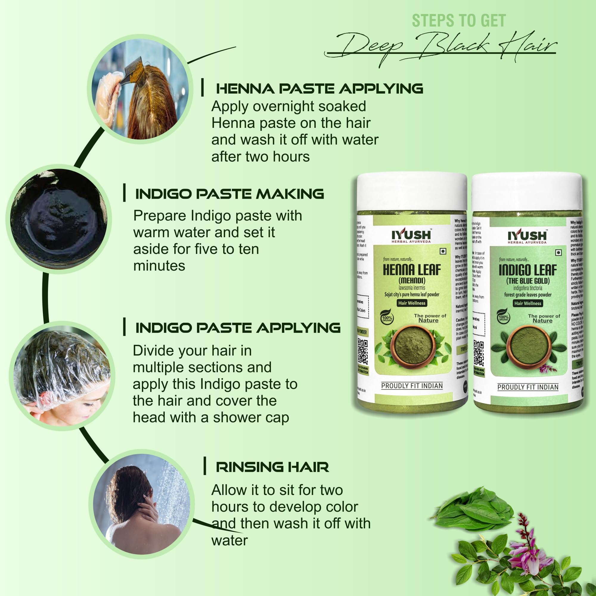 Organic IYUSH Herbal Ayurveda Henna & Indigo Powder Combo - 200g (100g Each) | Natural Hair Dye for Gray Coverage & Hair Coloring | Chemical-Free Herbal Hair Treatment | Perfect for DIY Hair Care & Natural Beauty Routines