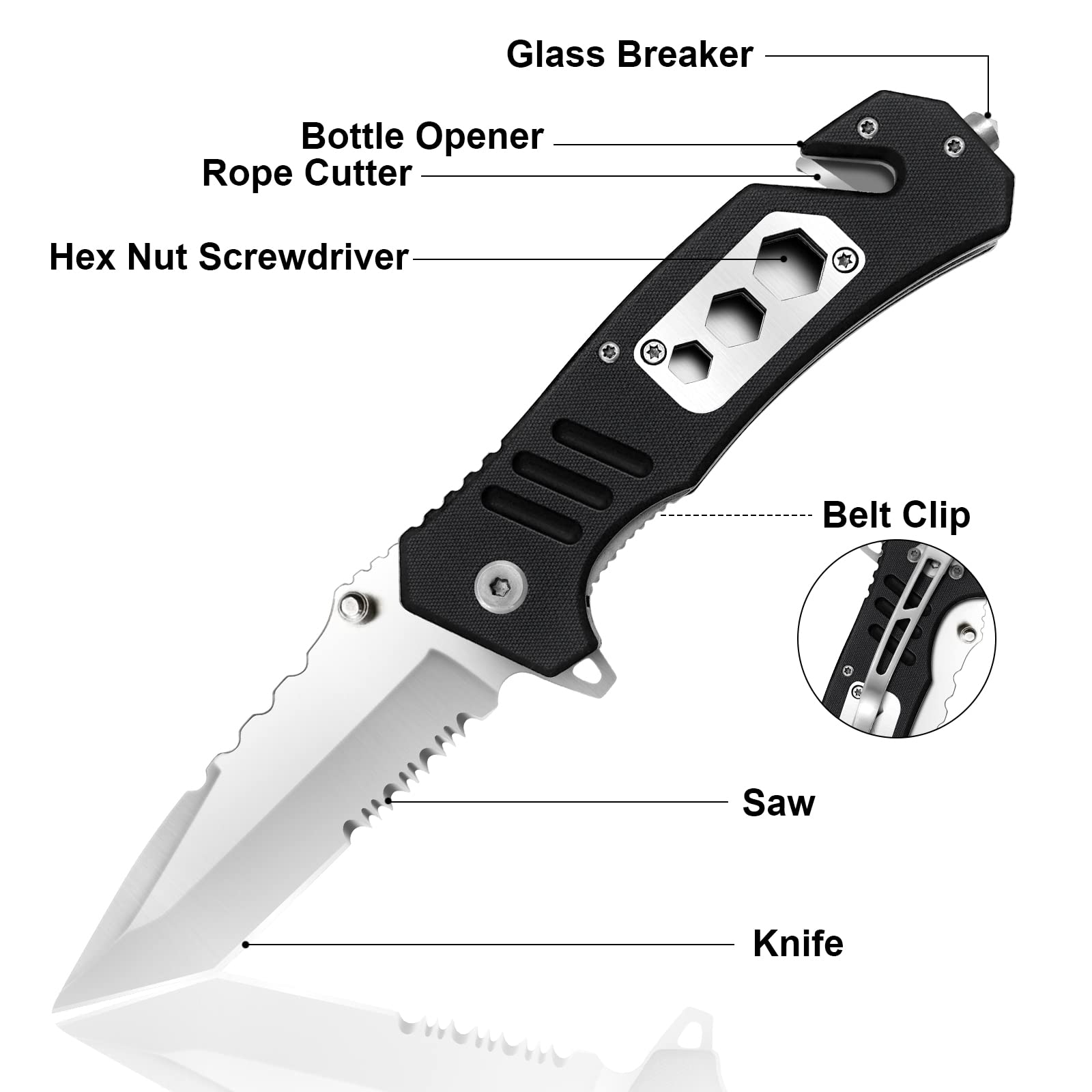HONZIN 6-in-1 Stainless Steel 3Cr13 Pocket Knife Multitool with Belt Clip, G10 Handle - Portable Folding Survival Knife for Outdoor Camping, Hiking & Emergency Rescue