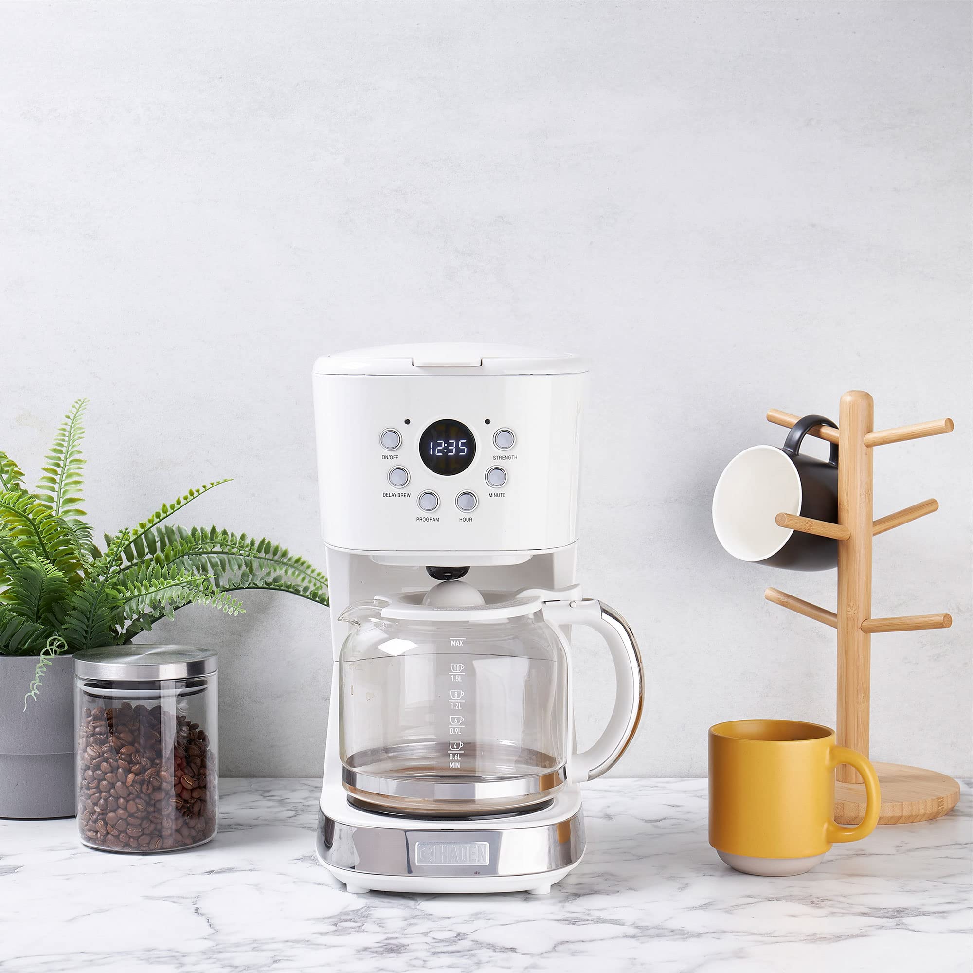 HADEN 12 Cup Programmable Drip Coffee Maker with Auto Shut-Off - Stainless Steel & Ivory Coffee Machine for Home & Office Use