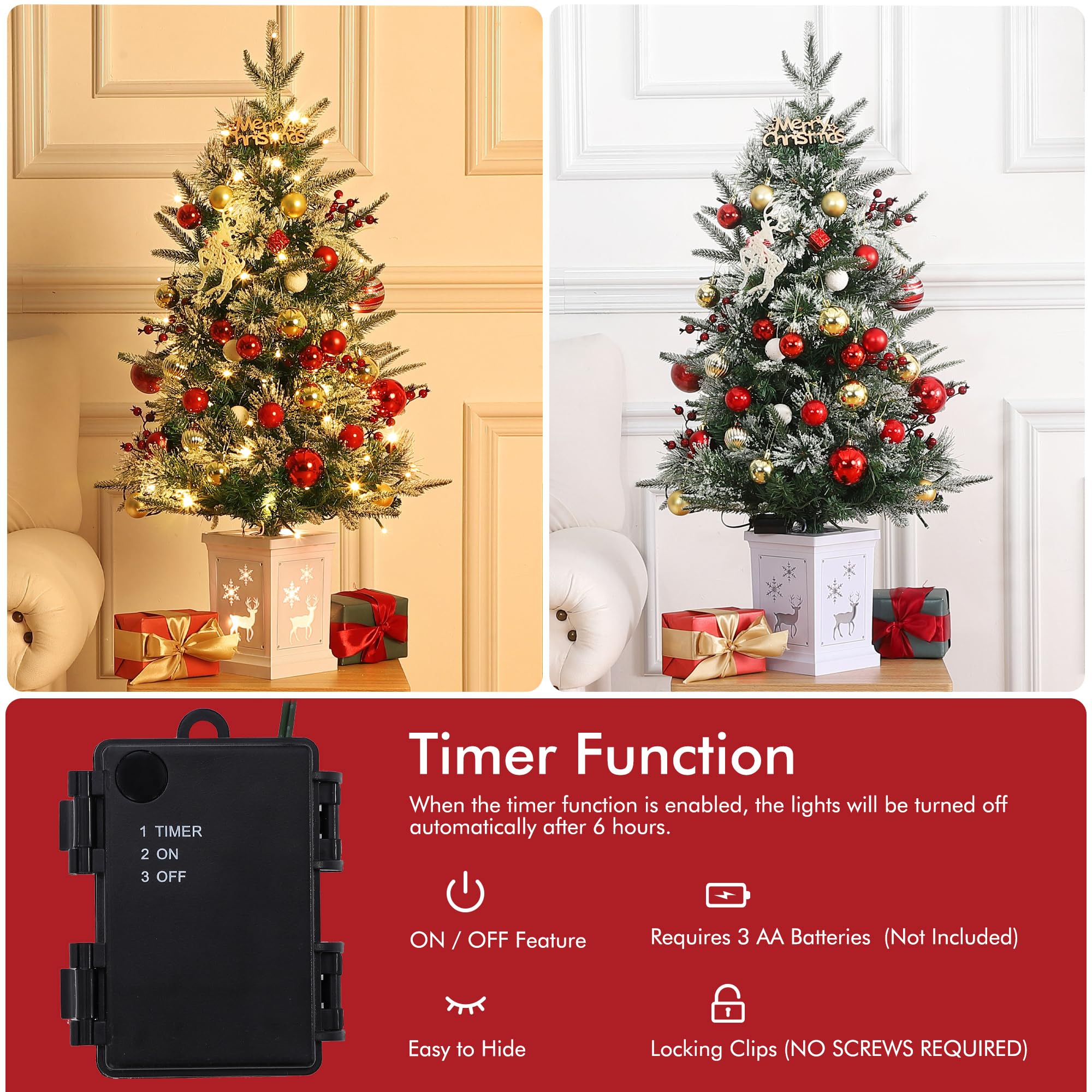 GARVEE 3ft Mini Prelit Premium Snow Flocked Artificial Christmas Tree with White Base - Pre-Lit Xmas Pine Tree for Holiday Decorations, Home, Office, Party & Festive Decor (White Base Snowman, 3FT) - Perfect for Living Room, Bedroom, Mantel or Small Space Christmas Decor