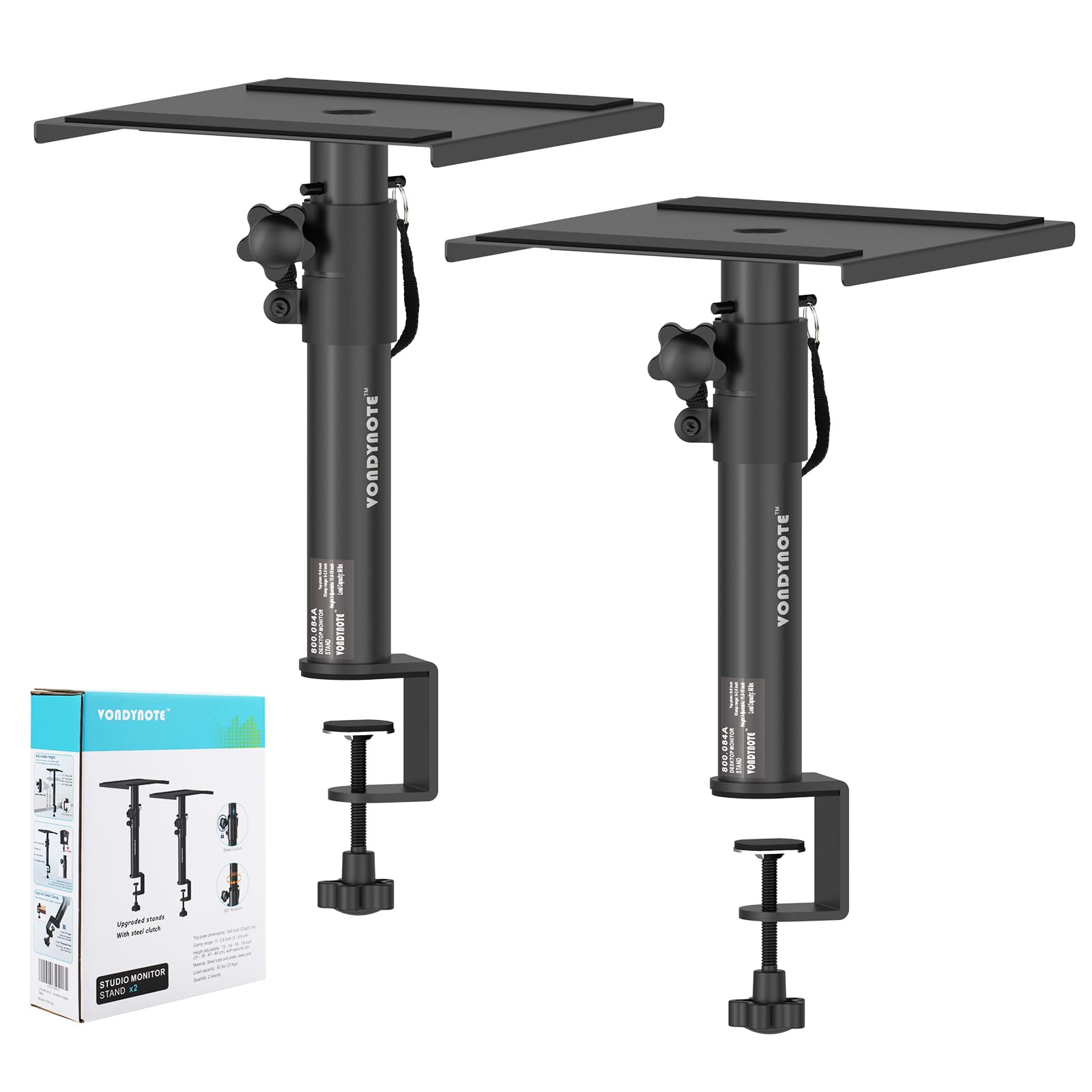 2 Pack Adjustable Studio Monitor Stands with Desktop Clamp - Heavy Duty Speaker Mounts for Home & Professional Recording Studios - Perfect for KRK, Yamaha, JBL Speakers