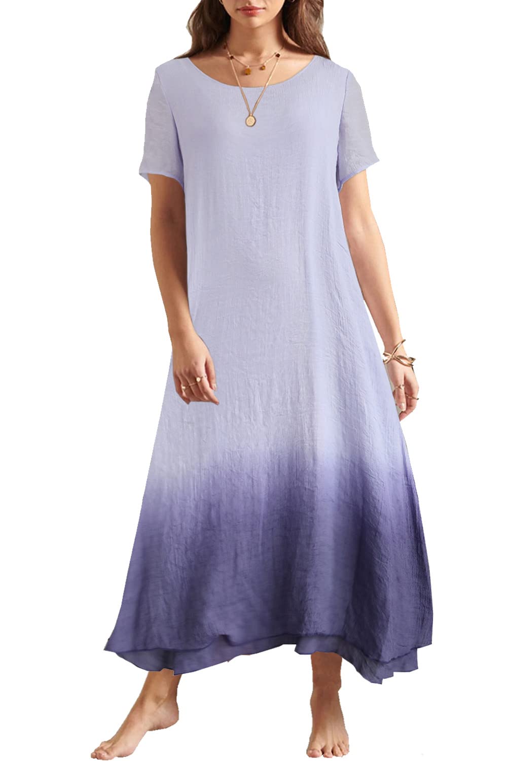 Yukiwi Women's Tie Dye Maxi Dress - Summer Short Sleeve Linen Dress for Beach, Vacation & Casual Wear | Boho Chic Flowy Dress for Outdoor Activities