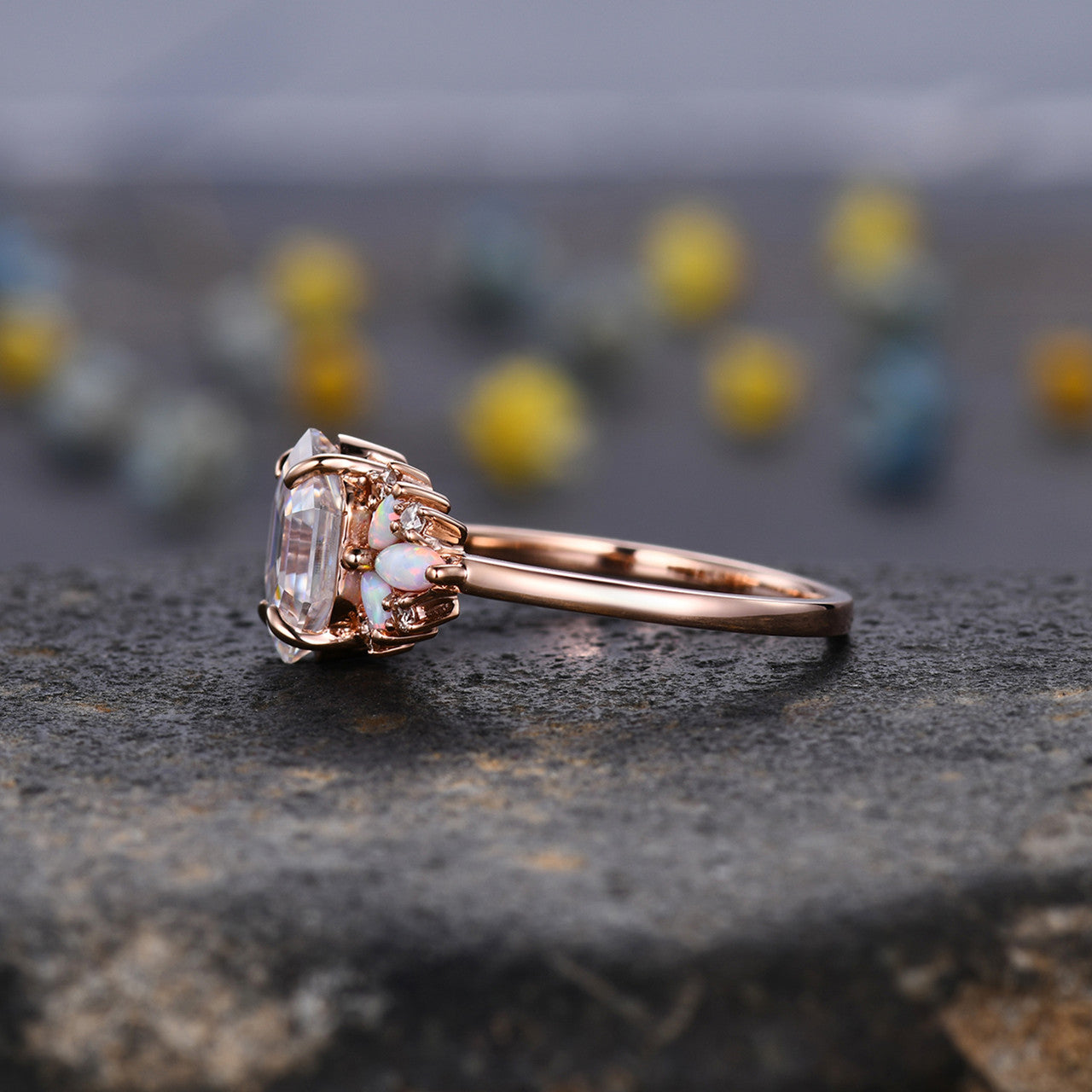 Vintage Hexagon Cut Moissanite Opal Engagement Ring - Rose Gold Promise Ring for Women, Wedding, Proposal & Anniversary Gifts | Elegant Jewelry for Special Occasions