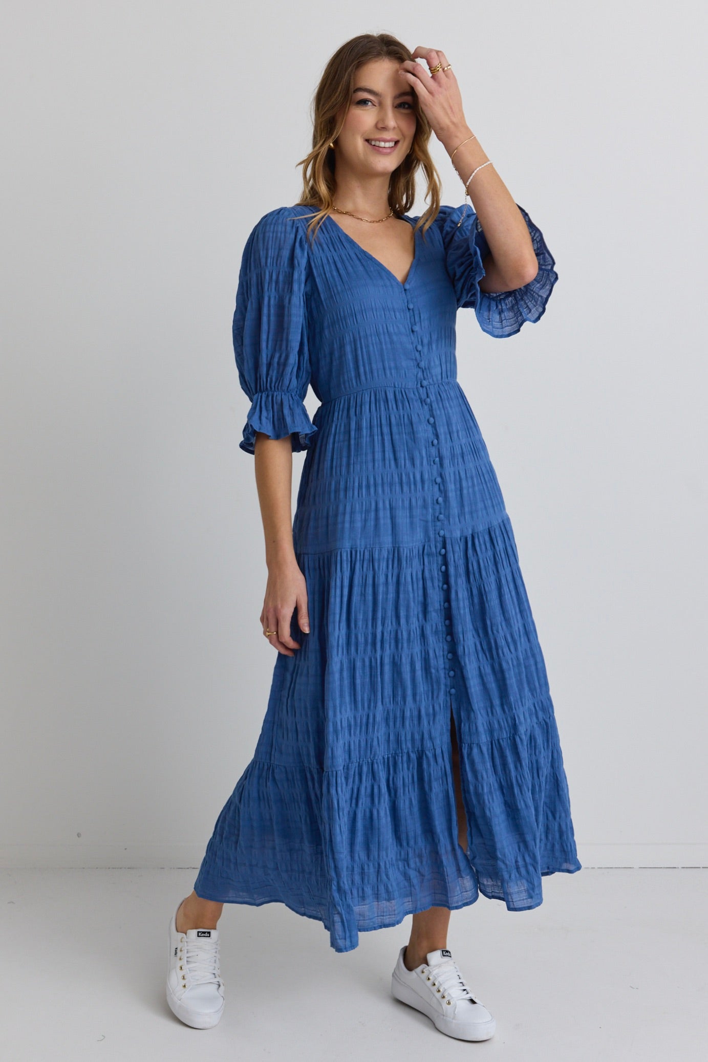 Dreamy Steel Blue Bubble Sleeve Button Front Tiered Maxi Dress for Women - Elegant Boho Summer Beach Dress for Vacations & Outdoor Events