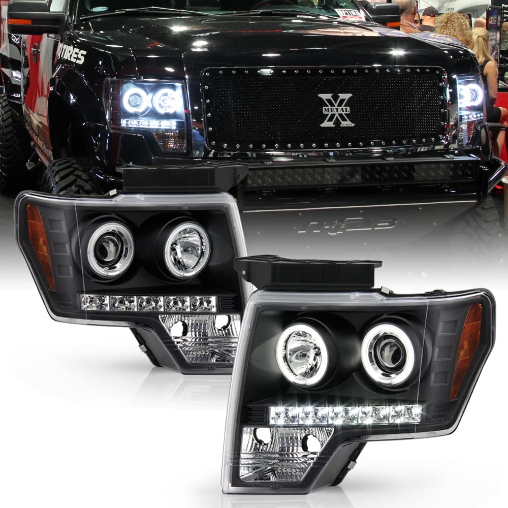 ACANII LED CCFL Halo Black Housing Projector Headlights for 2009-2014 Ford F150 - Driver & Passenger Side - Upgrade Your Truck's Lighting for Night Driving & Off-Road Adventures