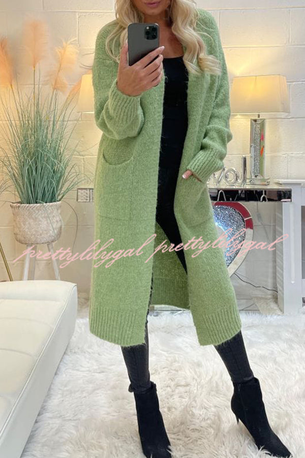 Neon Love Peace Chunky Knit Pocket Straight Midi Cardigan Sweater - Cozy Oversized Womens Knitwear for Casual Outfits, Date Nights & Fall Layering