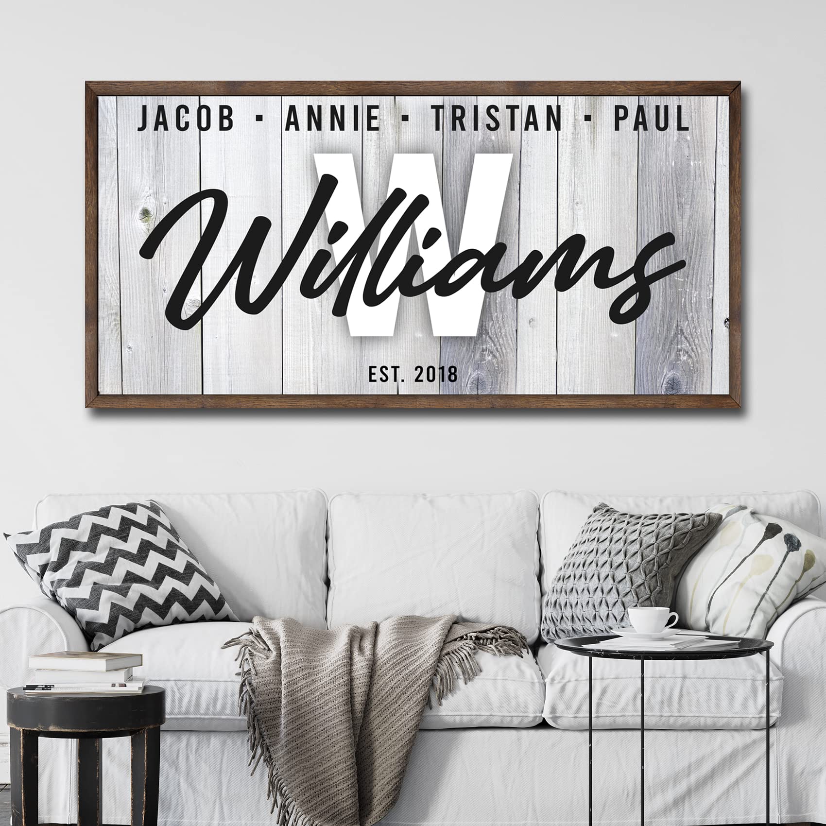 Personalized Family Name Sign - Custom Last Name Wall Decor Canvas for Living Room, Fireplace, Kitchen & Front Door - 60x30 Inch Grey Background Wooden Family Sign - Perfect for Home Decor, Housewarming Gifts & Farmhouse Style Interiors