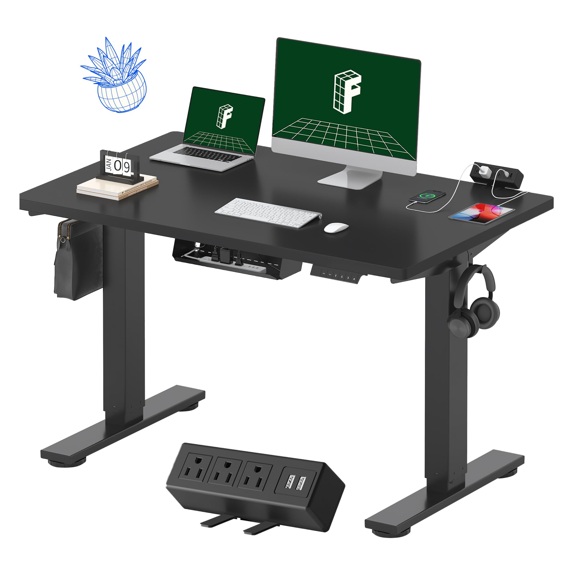 FlexiSpot EN2 Electric Height Adjustable Standing Desk 48 x 30 Inches - Whole-Piece Design with Built-in Power Strip & Cable Management (Black Frame & Desktop) - Perfect for Home Office, Gaming Setup & Workspace Ergonomics