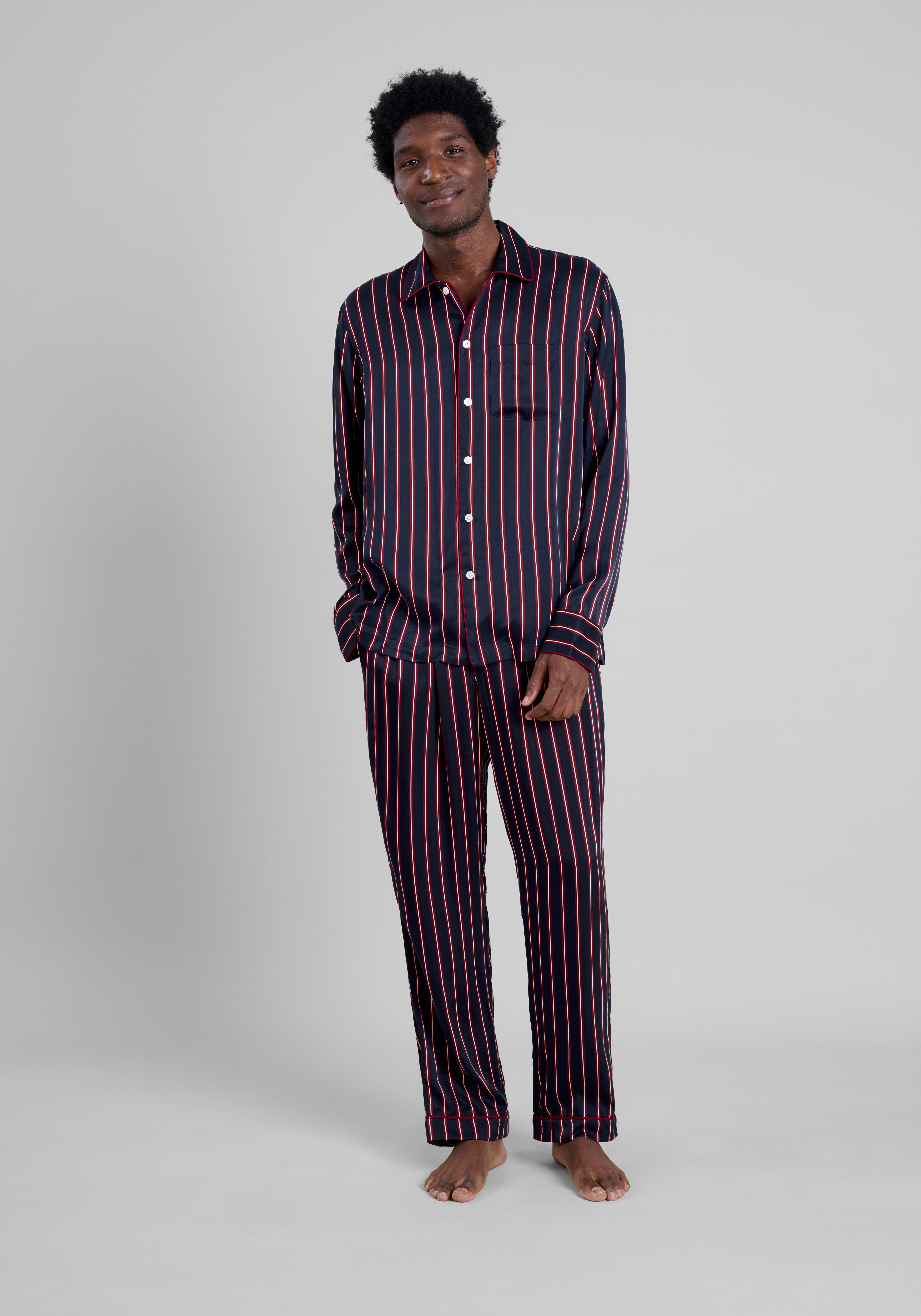 Washable Silk Henry Pajama Set - Midnight Stripe Luxury Sleepwear for Men & Women | Perfect for Lounging, Travel & Cozy Nights at Home