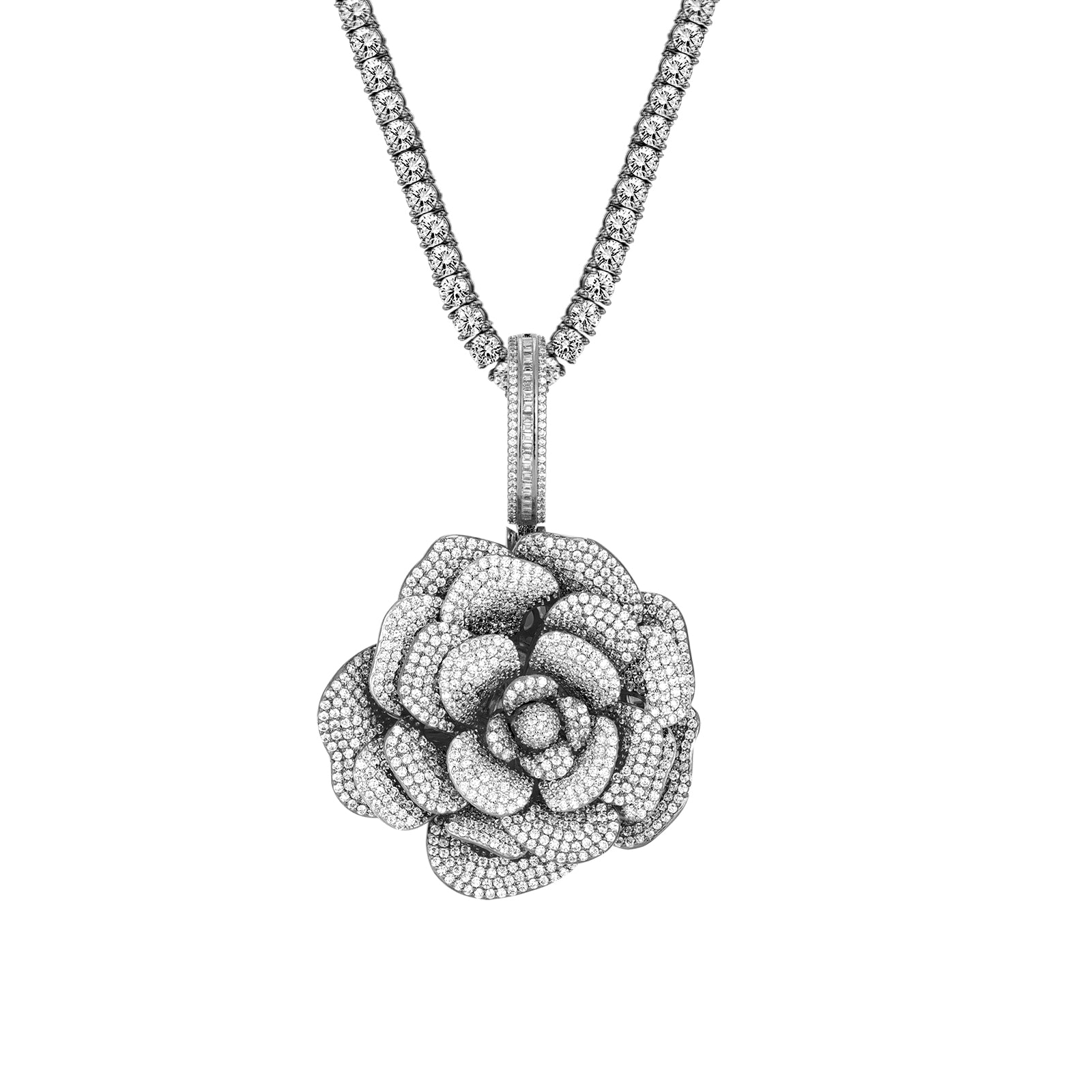 Custom White Gold Tone Rose Flower Icy Hip Hop Pendant - Perfect for Rappers, Jewelry Lovers & Unique Gift Ideas