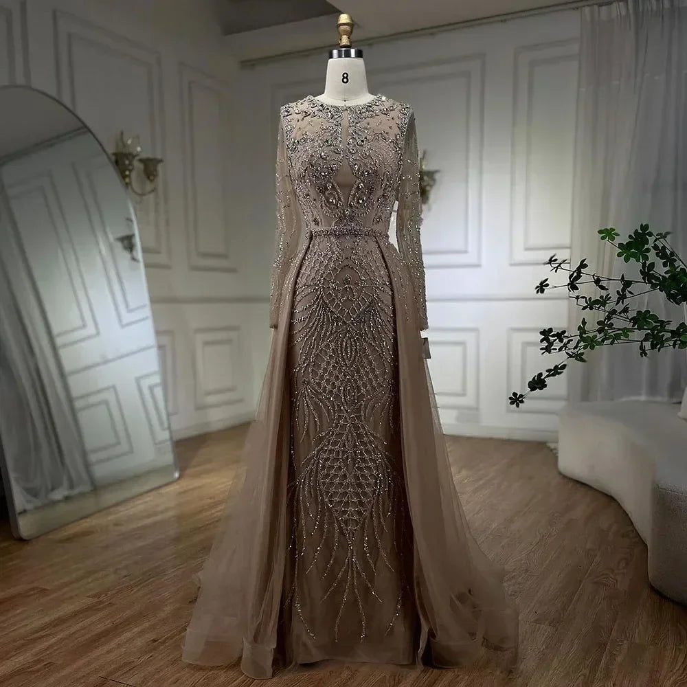 Elegant Muslim Silver Mermaid Evening Gown with Detachable Beaded Overskirt - Women's Formal Wedding & Party Dress LA71919 | Perfect for Bridal Showers, Red Carpet Events & Special Occasions