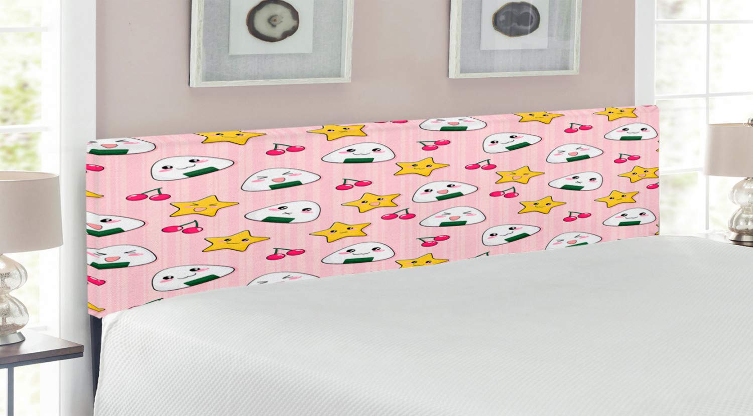 Ambesonne Anime Upholstered Headboard - Happy Crying Cartoon Rice Balls & Cherries Pattern, King Size Metal Bed Frame with Memory Foam in Pink, Yellow & White | Perfect for Anime Lovers' Bedroom Decor & Themed Guest Rooms