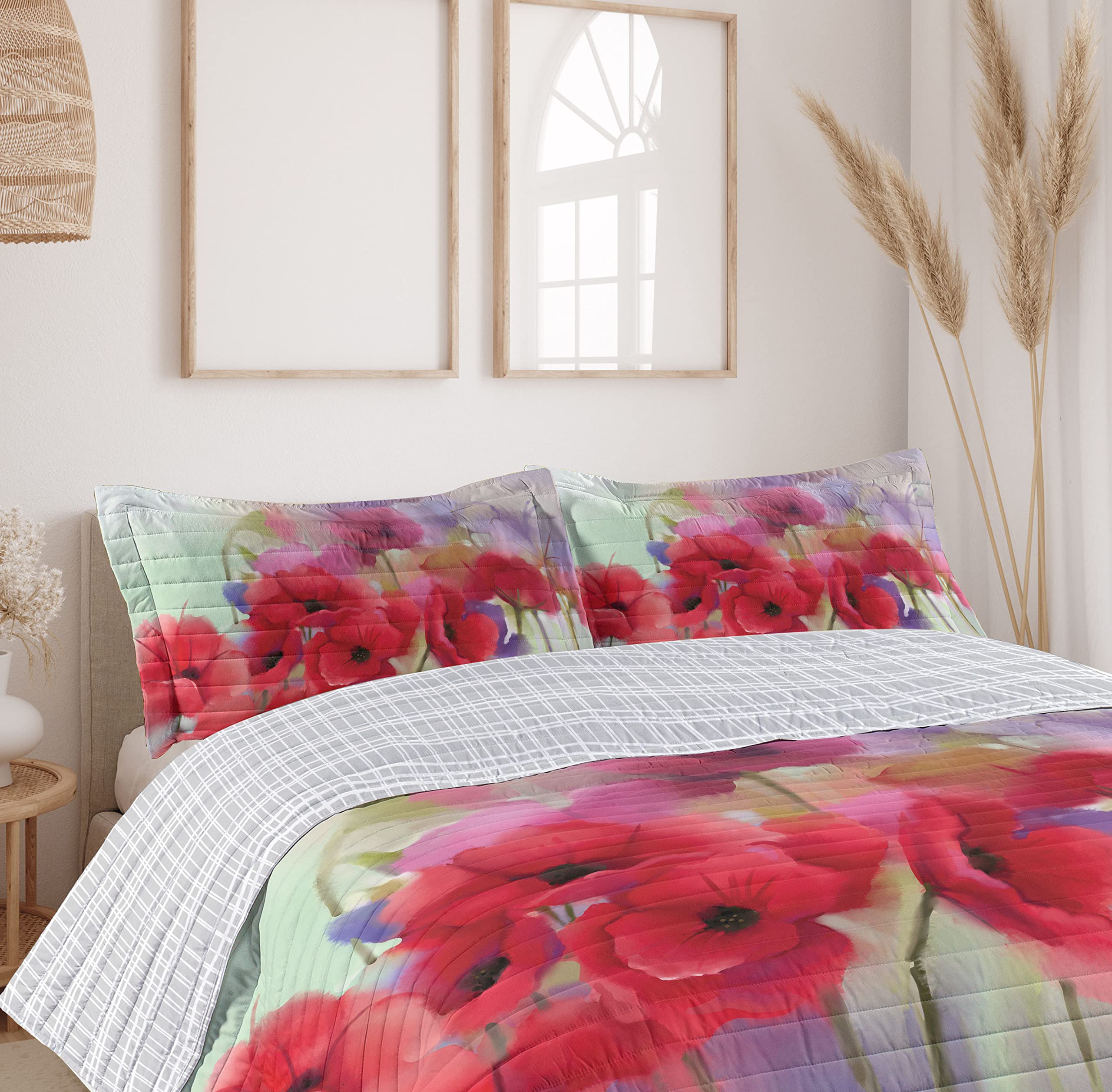 Ambesonne Reversible King Size Bedspread Set - Poppy Flowers Spring Floral Print Microfiber Comforter with Pillow Shams (Lavender Red) | Romantic Bedroom Decor, Seasonal Home Upgrade