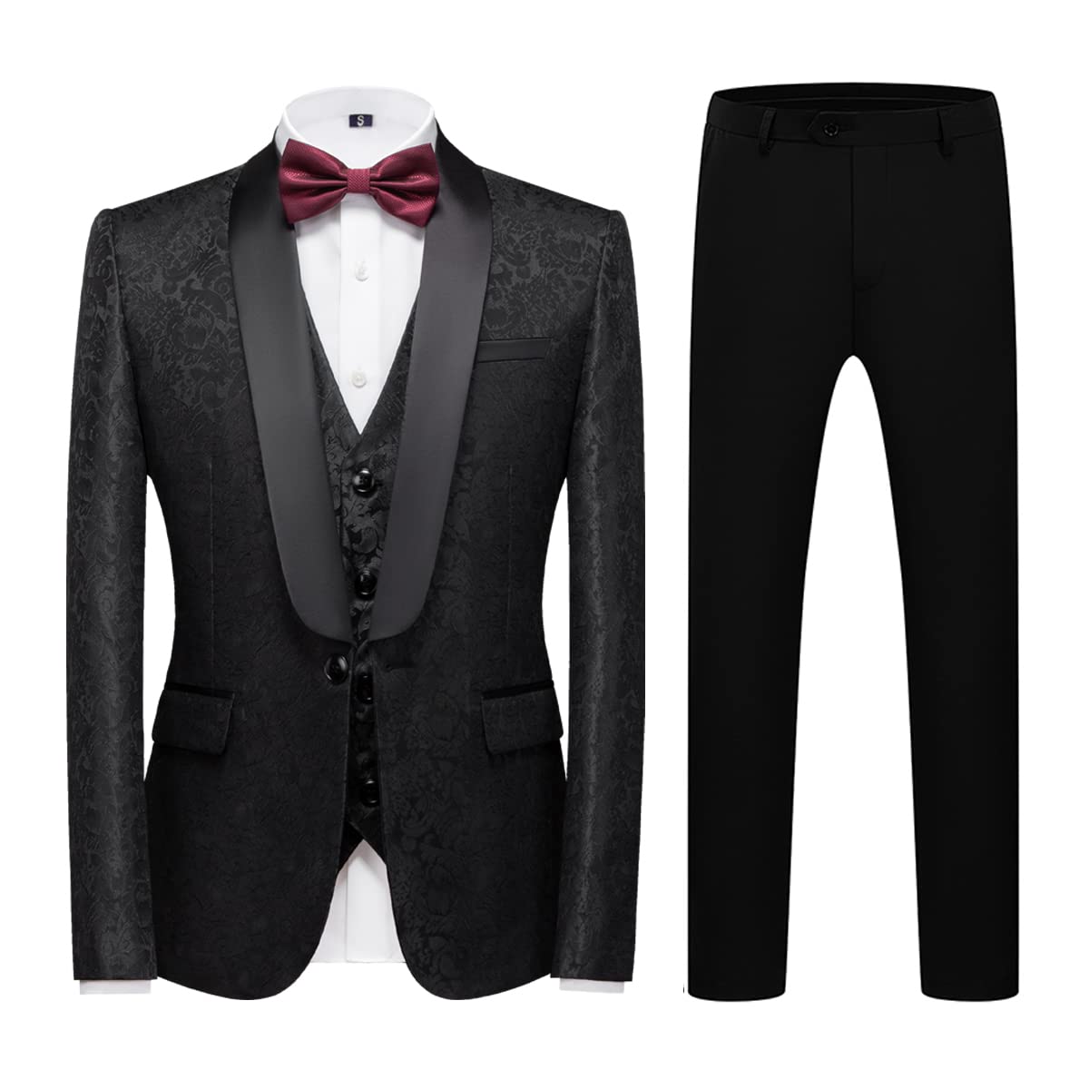 Men's 3 Piece Slim Fit Tuxedo Suit - Jacquard Paisley Design, One Button Business Casual Suit for Wedding, Dinner Party & Formal Events | Perfect for Grooms, Prom & Special Occasions