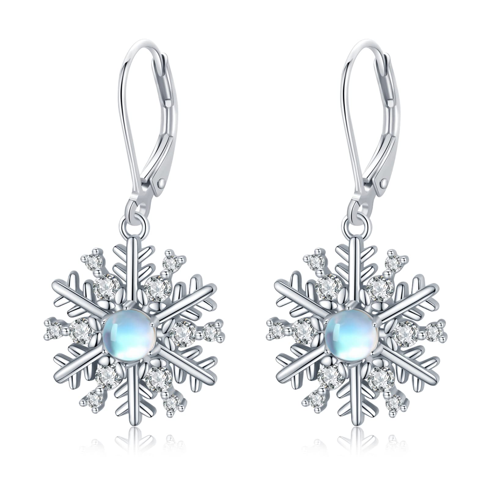 925 Sterling Silver Snowflake Dangle Earrings with Moonstone | Hypoallergenic Winter Jewelry | Christmas Gifts for Women & Girls | Perfect for Holiday Parties, Weddings & Everyday Wear