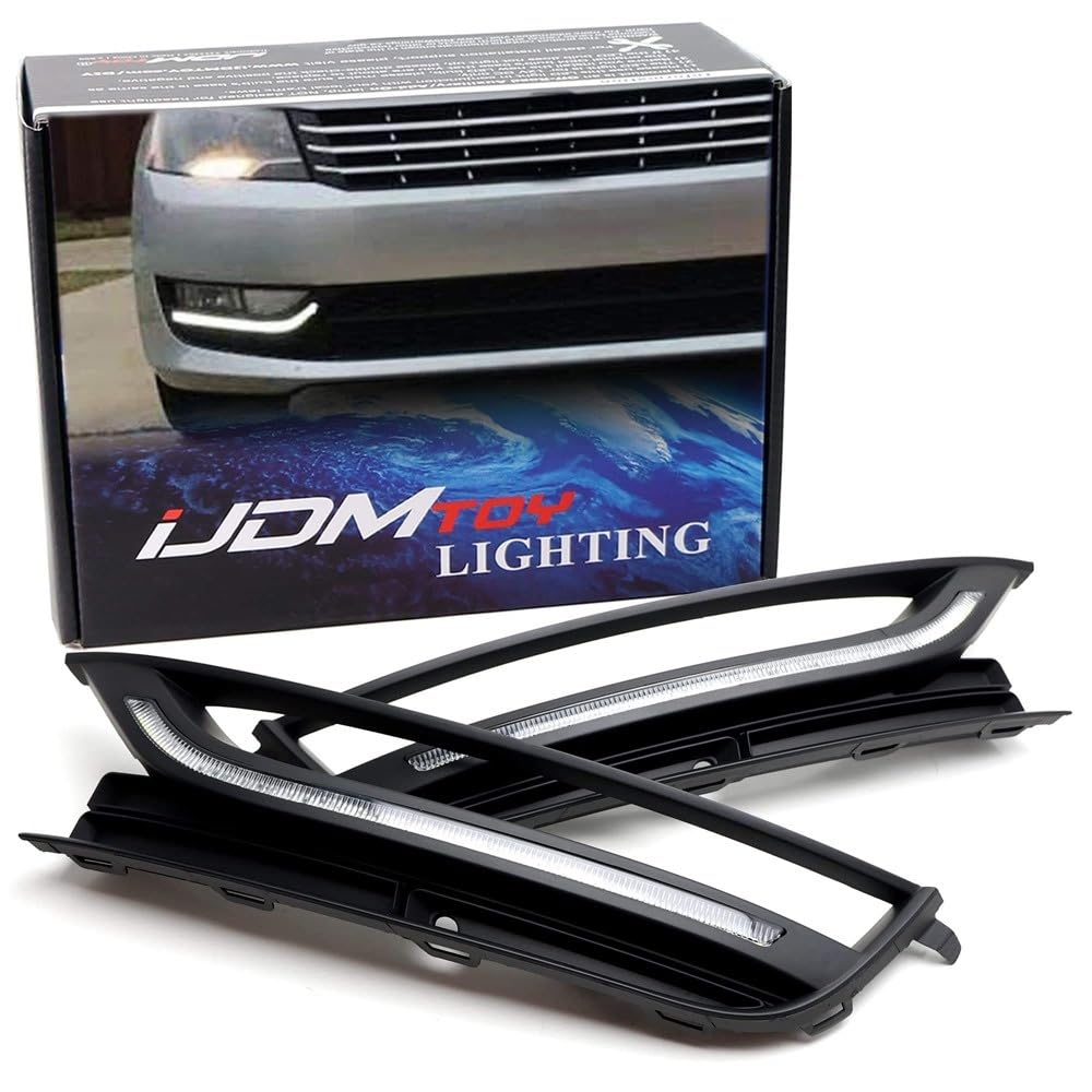 iJDMTOY Switchback LED Daytime Running Lights for 2012-2016 Volkswagen Passat - OEM Fit LED DRL Fog Bezel Assembly with White Daylight & Amber Turn Signals - Perfect for Enhanced Visibility and Style on the Road