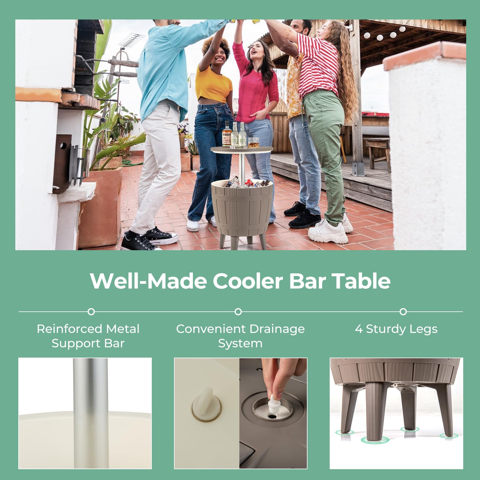 Giantex 10 Gallon Outdoor Cooler Side Table with Drainage Plug - Adjustable Height 3-in-1 Ice Cooler Cocktail Table for Beer & Wine Storage - Perfect for Patio, Deck, Pool Parties & Backyard BBQs