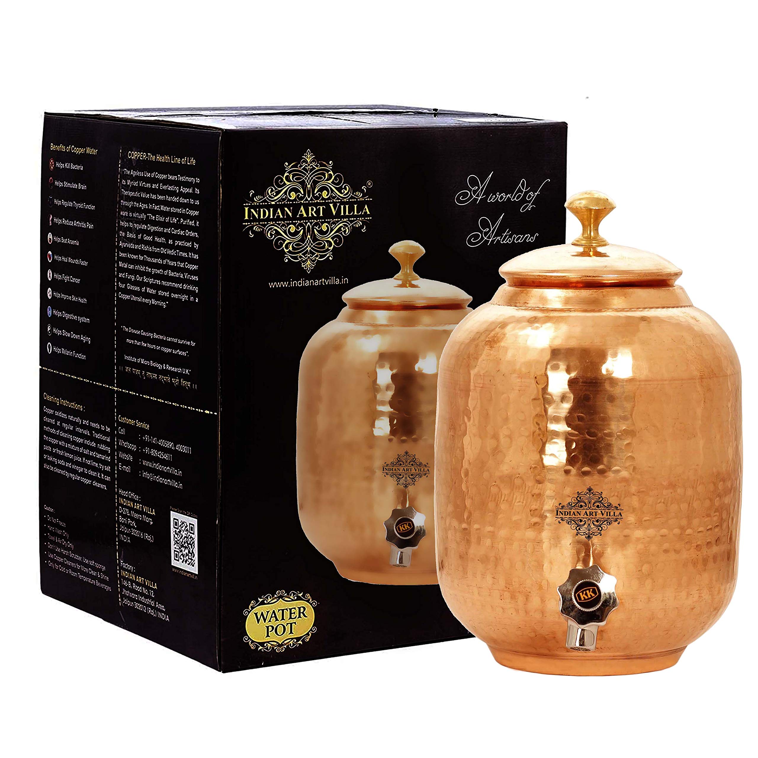 Pure Copper Water Pot with Brass Lid - 135 oz Indian Art Villa Water Storage Tank Dispenser | Ayurvedic Health Benefits, Home & Office Use