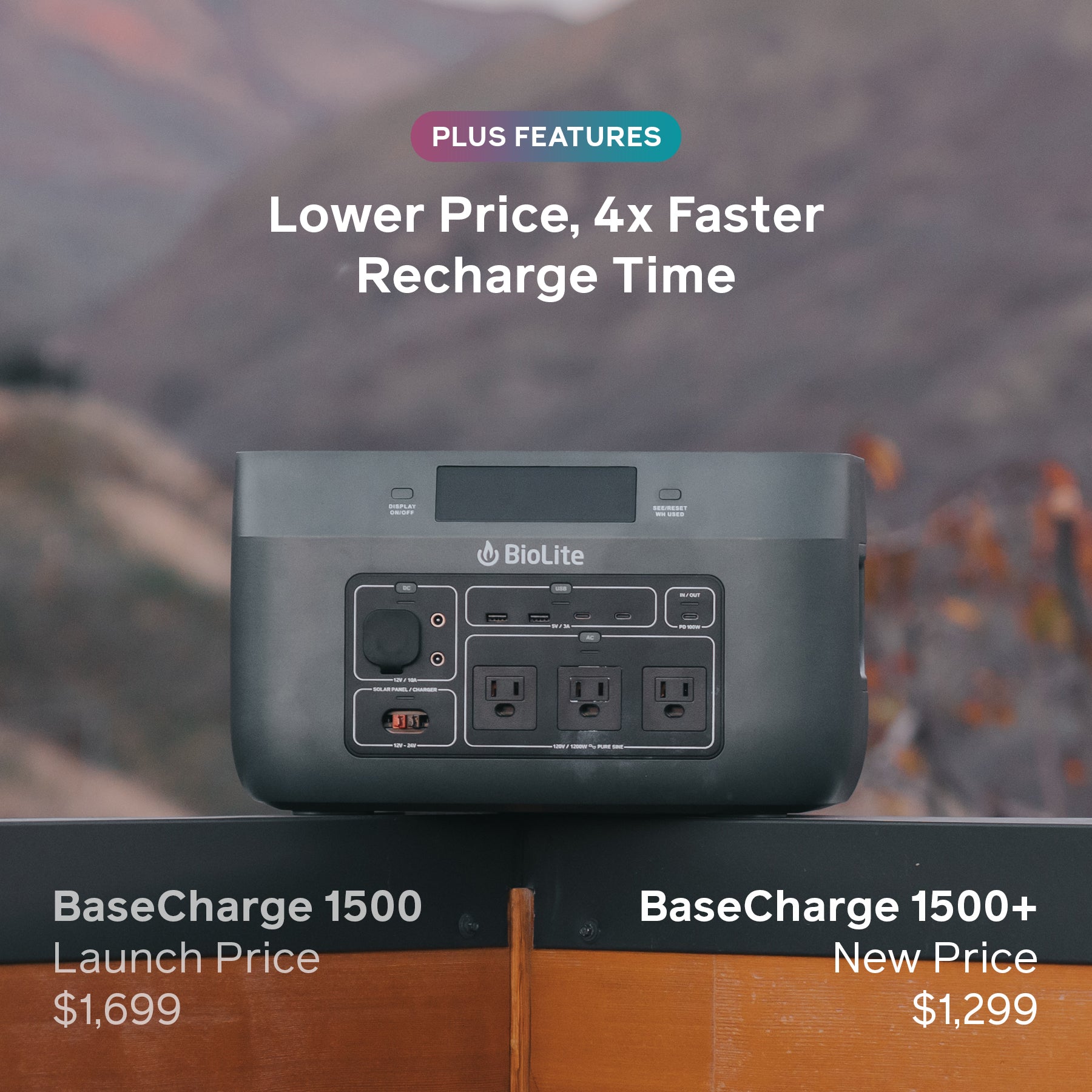 BaseCharge 1500+ Portable Power Station - 1500W Solar Generator with 1000Wh Capacity, Pure Sine Wave AC Outlet for Camping, Home Backup & Outdoor Adventures