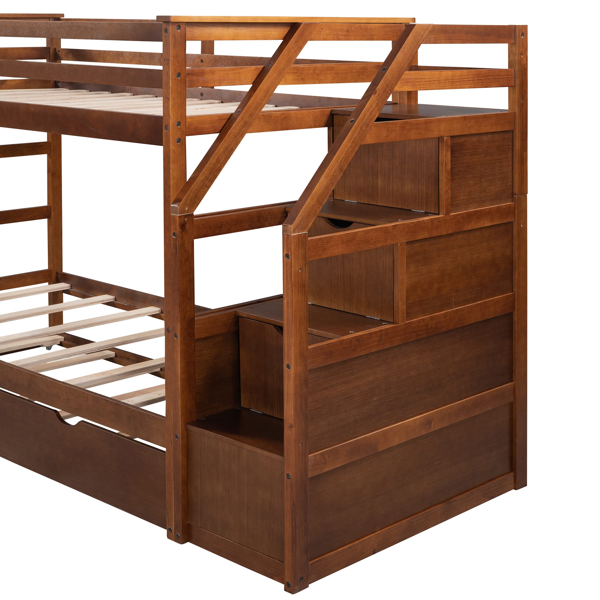 Harper & Bright Designs Twin Over Twin Bunk Bed with Trundle - Solid Wood Bunk Bed with Storage Stairs for Kids, Teens & Adults - Space-Saving Walnut Bunk Bed for Small Rooms, Guest Rooms & Vacation Homes