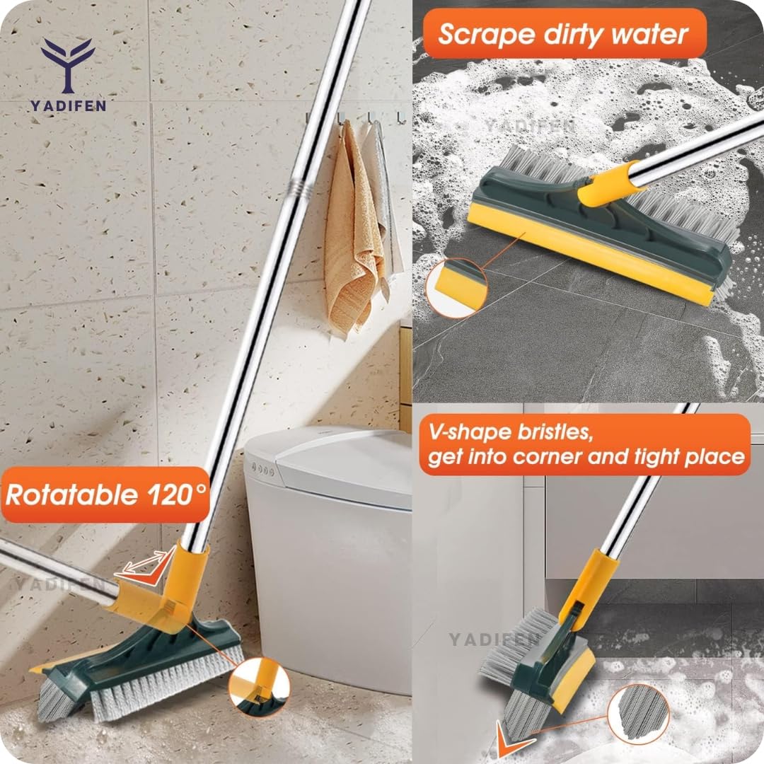 YADIFEN 3-in-1 Bathroom Cleaning Brush with Wiper, Tile & Floor Scrubber - Long Handle 180° Rotating Brush for Shower, Bathtub & Bathroom Tiles - Perfect for Deep Cleaning Grout, Walls & Hard-to-Reach Areas