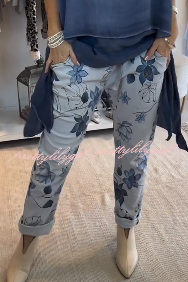 Stylish Women's Elastic Waist Casual Pants with Botanical Print Pockets - Perfect for Travel, Yoga & Everyday Comfort
