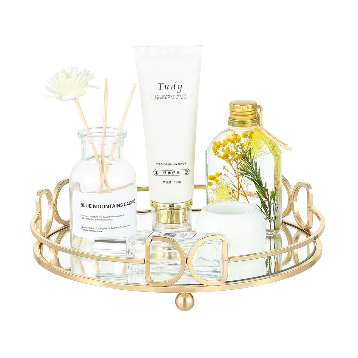 Elegant Round Gold Vanity Tray with Mirror & Bow Design - Perfect for Perfume Display, Jewelry Organizer & Bathroom Decor | Stylish Home Accessory for Dresser, Nightstand & Vanity Table