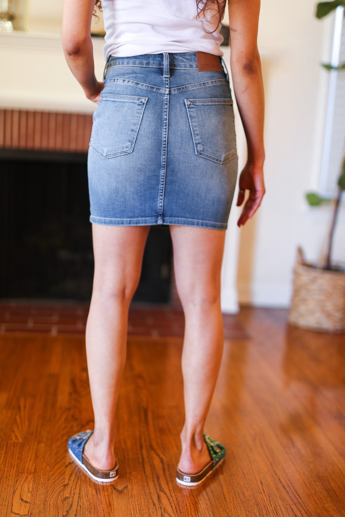 Judy Blue Medium Wash High Rise Tummy Control Denim Skirt for Women - Slimming Stretch Jeans Skirt for Casual Outfits & Date Nights