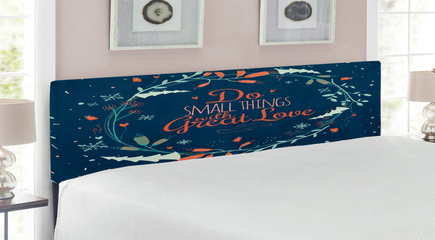 Ambesonne Vintage Floral Wreath Upholstered Headboard with Memory Foam - Romantic Laurel Leaves Design, King Size Bed Frame in Navy, Mint Green & Red - Perfect for Master Bedroom, Guest Room & Home Decor