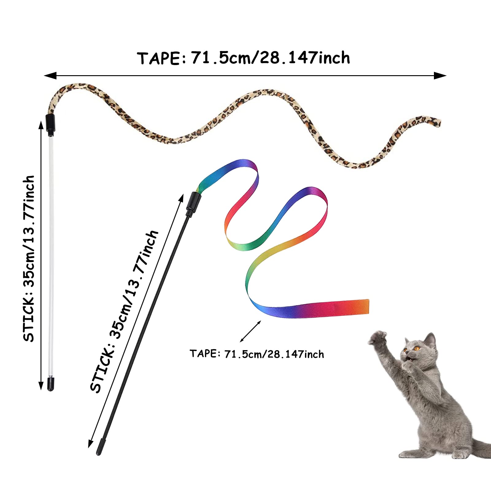 Andiker 2Pcs Cat Wand Teaser Toys - Interactive Rainbow & Leopard Print Fishing Pole Toys for Indoor Cats, Kitten Training Exerciser with Colorful Ribbon - Perfect Cat Gifts for Kitten Lovers (Playtime, Exercise & Bonding)