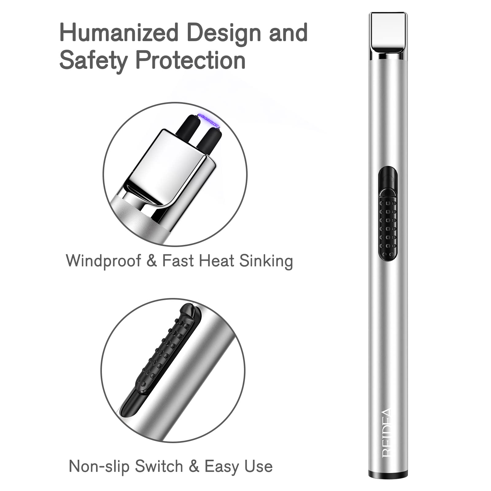 REIDEA USB Rechargeable Arc Lighter - Safe for Camping, BBQ & Fireworks (Silver)