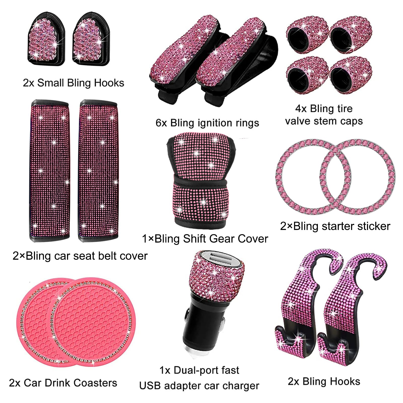 18-Piece Rhinestone Car Accessories Set - Sparkling Seat Belt Covers, Handbrake Cover, Dual USB Charger, Gear Shift Cover, Coasters & Glasses Holder - Pink Crystal Decor for Women's Car Interior Upgrade (Perfect for Gifts, Commuting & Road Trips)