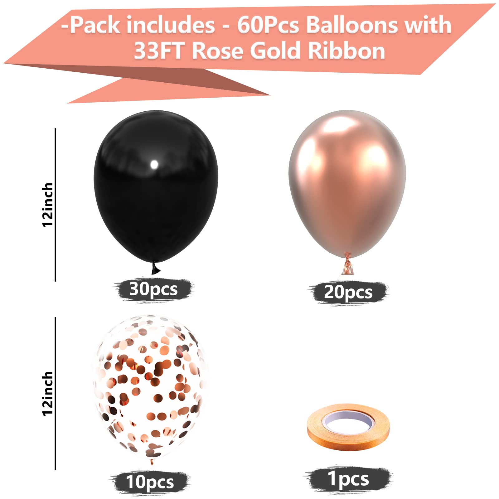 60Pcs 12 Inch Matte Black & Rose Gold Confetti Balloons Bulk - Elegant Latex Balloons for Birthday Party, Wedding, Bridal Shower, Anniversary & Prom Decorations - Perfect for Indoor/Outdoor Events & Photo Backdrops