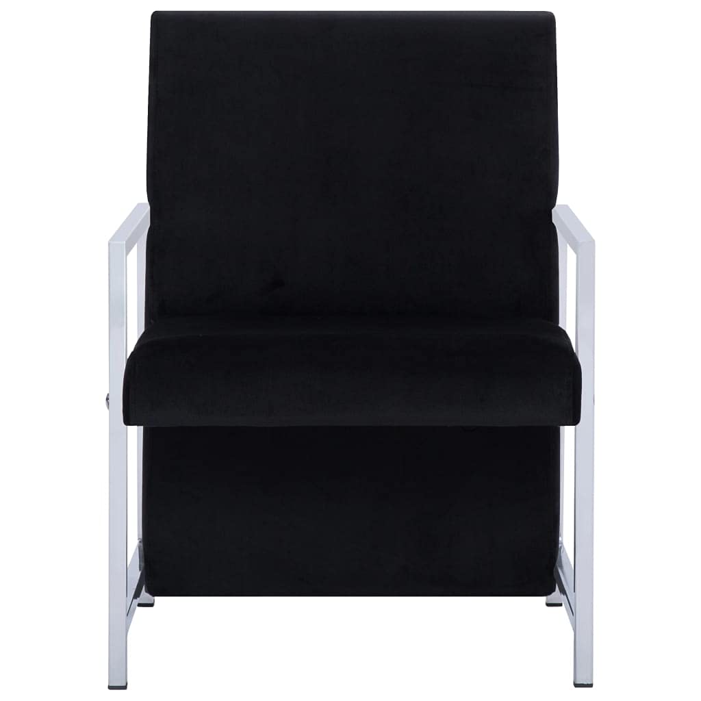 Modern Black Velvet Armchair with Chrome Feet - Sturdy Luxury Club Chair for Living Room & Bedroom | French Sofa Cube Seating Furniture | Perfect for Lounging, Reading Nooks & Home Offices