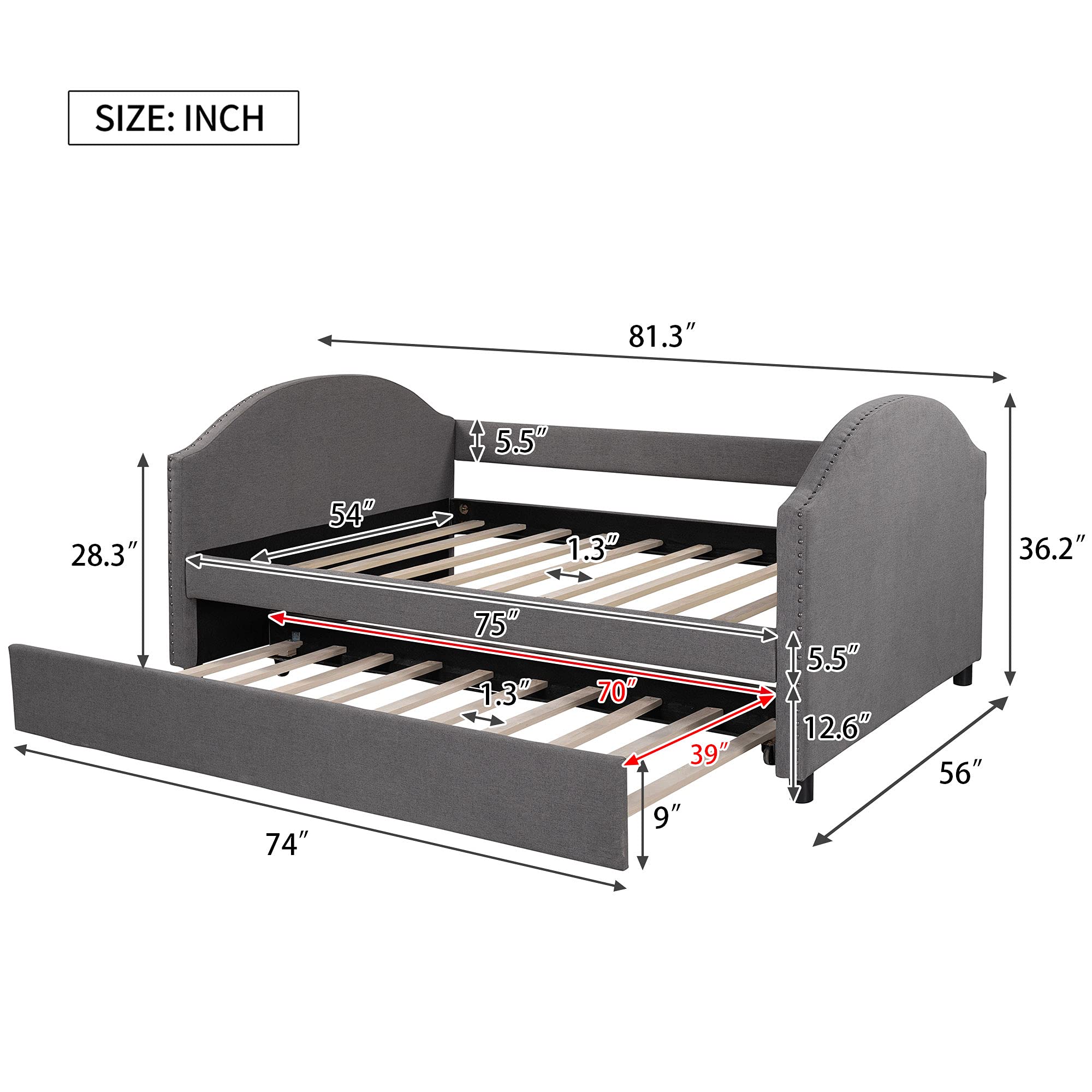 Full Size Upholstered Sofa Bed with Wood Frame & Trundle - 10-Slat Support System in Gray | Perfect for Guest Rooms, Small Apartments & Multi-Functional Living Spaces