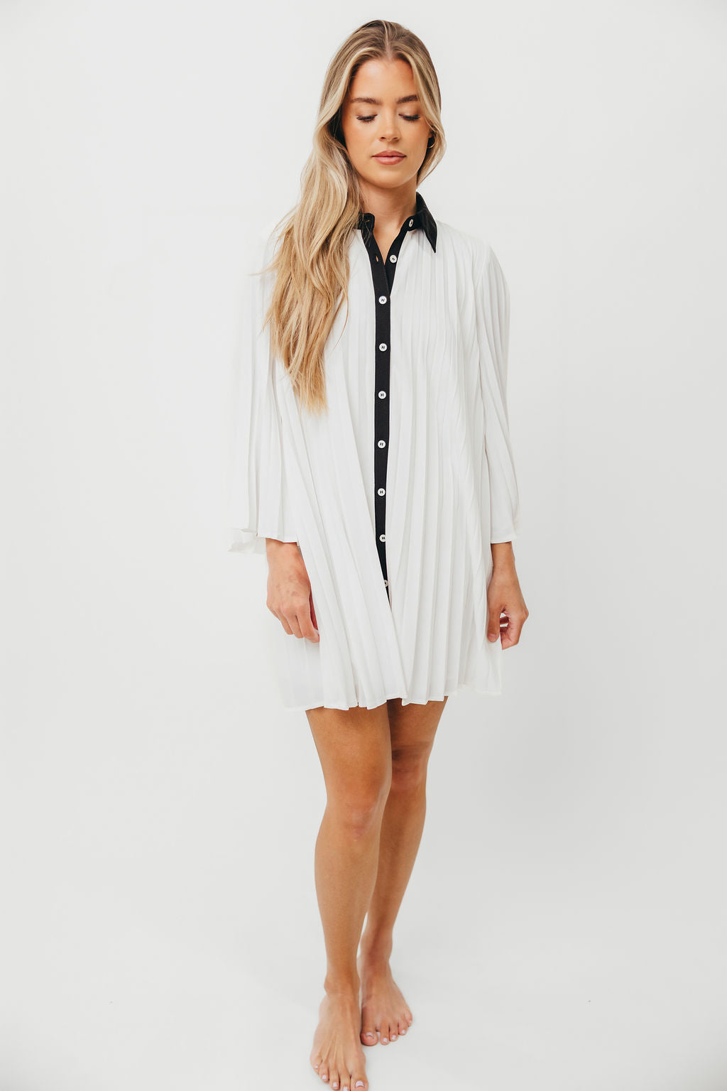 Monique Pleated Shirt Dress for Women - Ivory & Black Flowy Midi Dress with Belt | Office Wear, Spring Outfits, Casual Chic Style