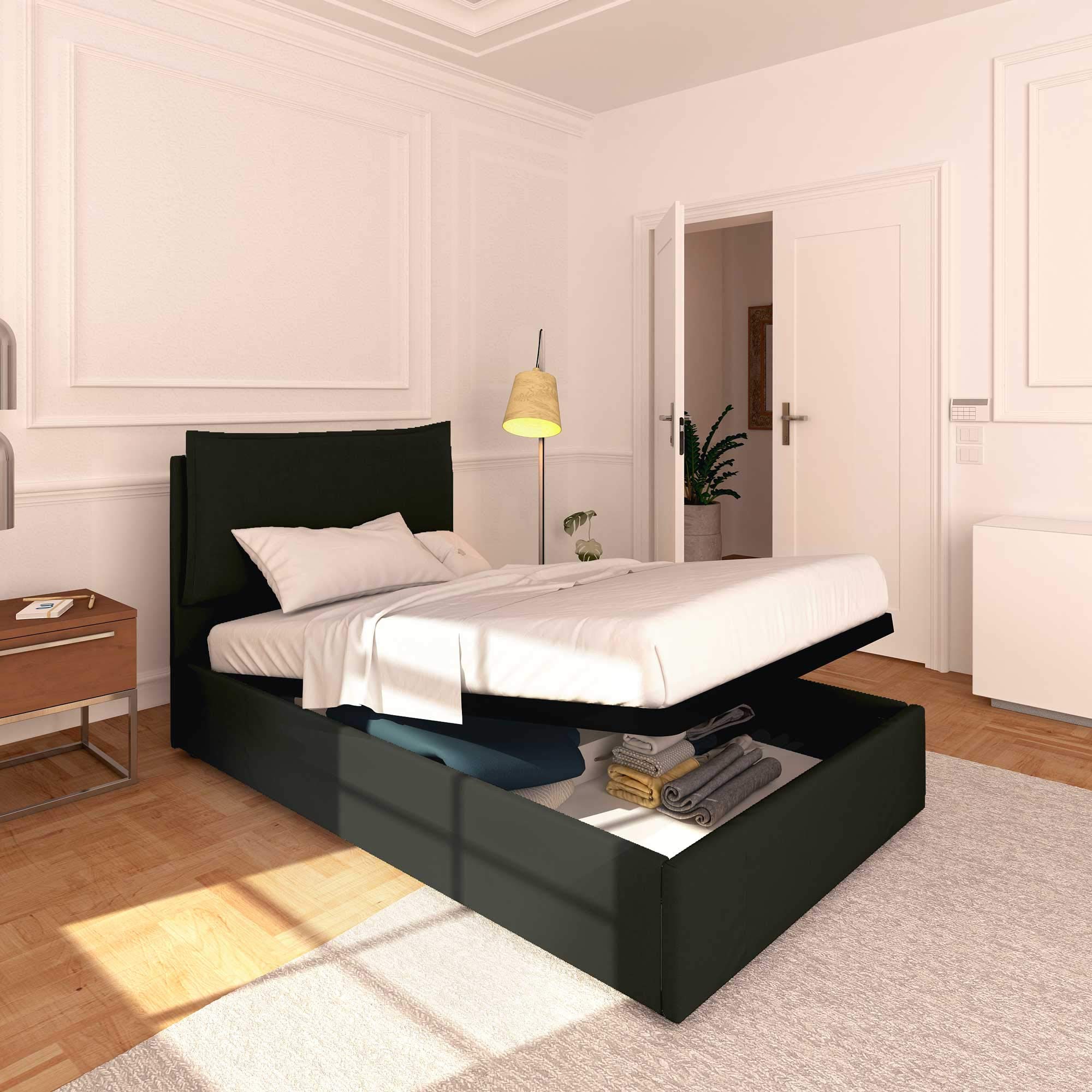 Baldiflex Licia Synthetic Leather Square and Half Bed with Storage, Slatted Base for Square and Half Mattresses, 120 x 200 cm, Finely Padded Headboard, Black - Perfect for Modern Bedrooms, Guest Rooms & Small Spaces
