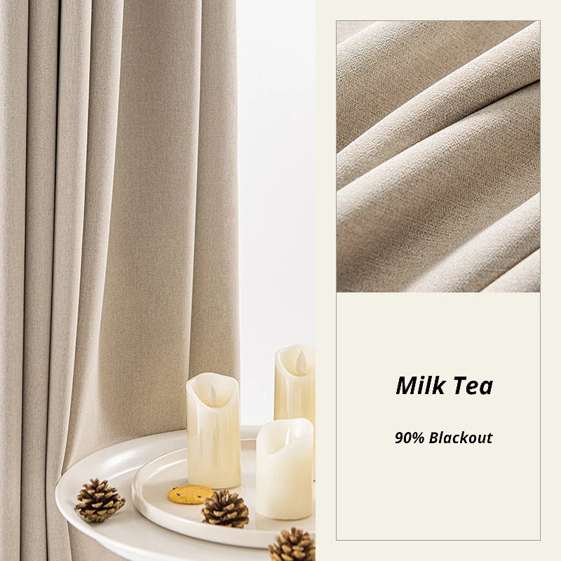 Premium Marisol Milk Tea Linen Blackout Curtains - Custom Size, Thermal Insulated for Living Room & Bedroom
