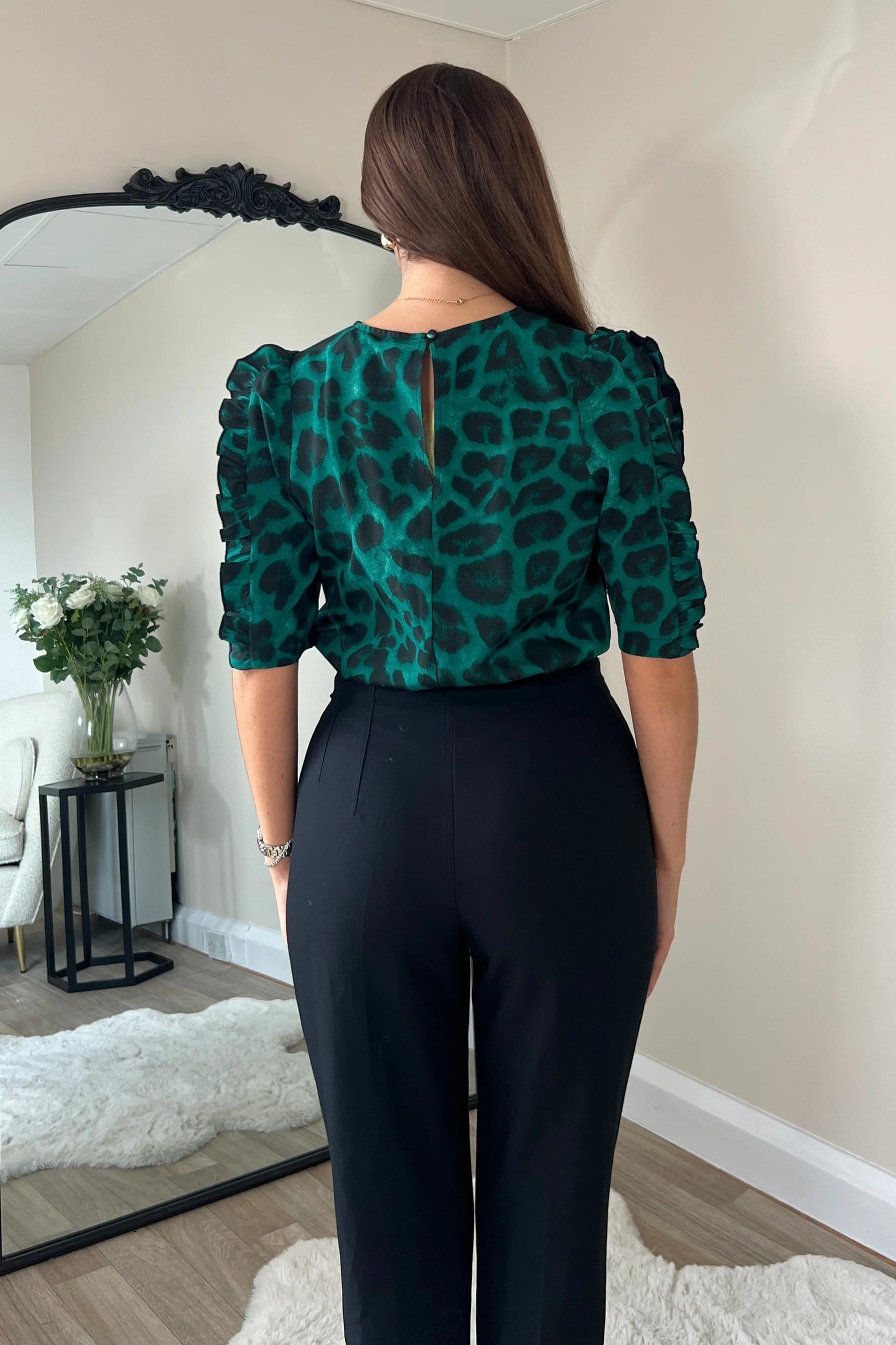 Asher Animal Print Frill Sleeve Blouse - Green Women's Fashion Top for Casual Wear & Party Outfits