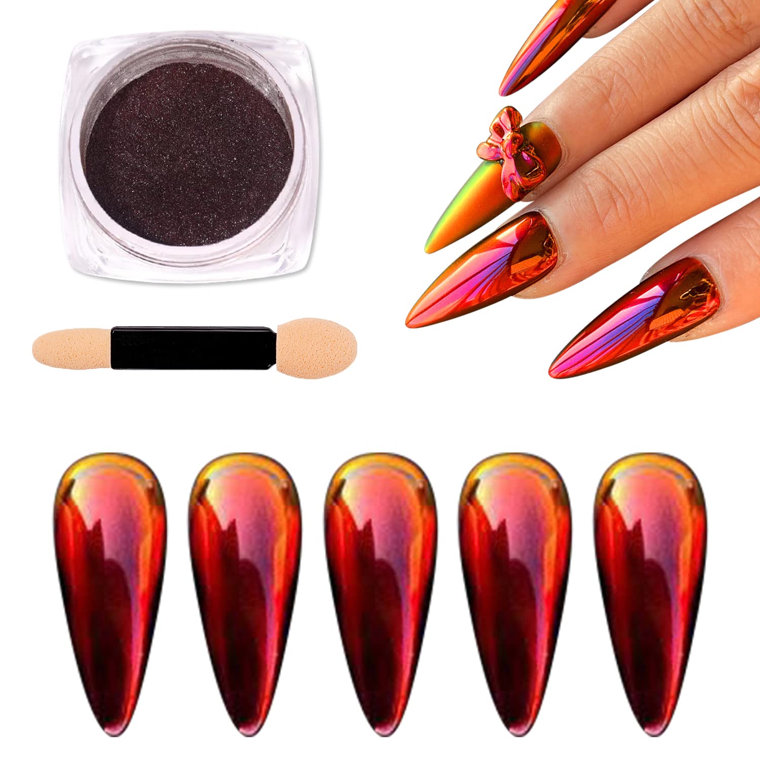 Chameleon Holographic Chrome Nail Powder - Magic Mirror Effect Metallic Glitter Dip Powder for Nails | Red & Black Shimmering Gel Pigment | Perfect for Nail Art, Salon Manicures & DIY Home Nail Designs