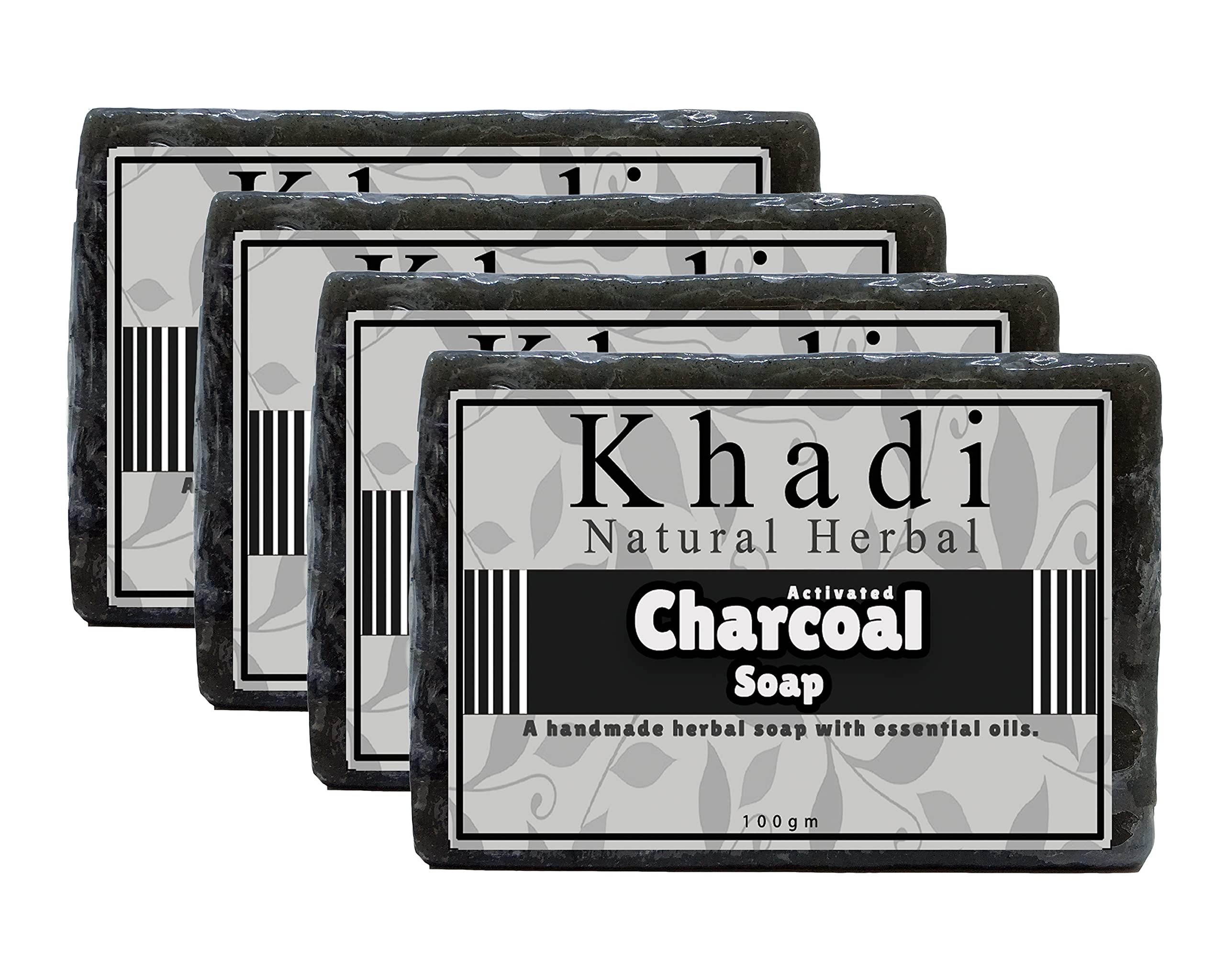 Khadi Natural Herbal Activated Charcoal Soap for Women & Men - Detoxifying Face & Body Cleanser with Essential Oils (4-Pack, 100g Each) | Perfect for Acne-Prone Skin & Daily Deep Cleansing Routine