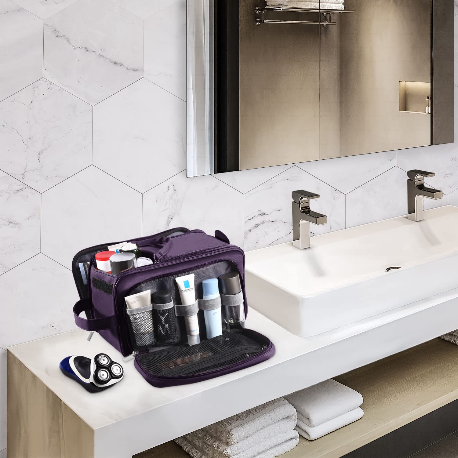 Buruis Large Waterproof Travel Toiletry Bag for Men & Women - PU Leather Cosmetic Organizer, Dopp Kit & Shaving Bag for Bathroom Essentials (Purple) - Perfect for Business Trips, Vacations & Gym Use