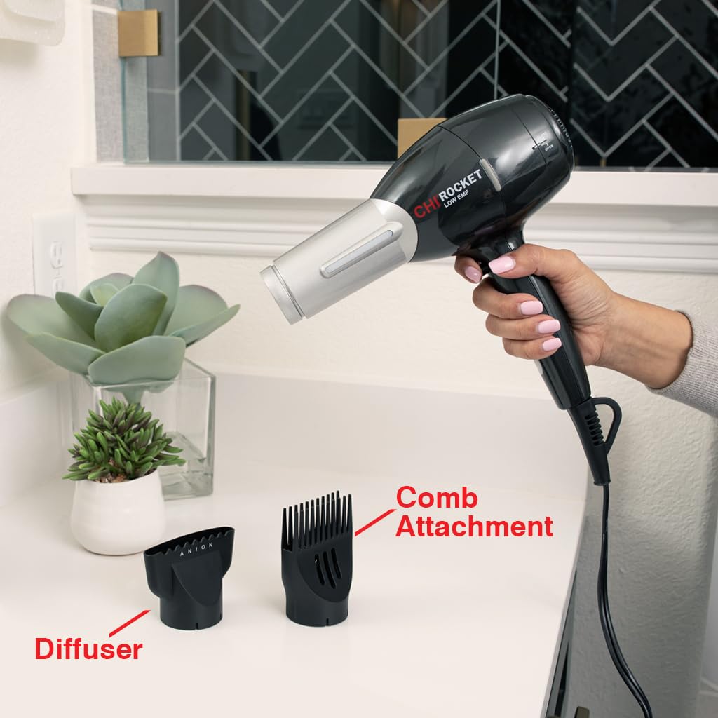 CHI Rocket Hair Dryer with Comb & Nozzle - Fast Drying, Frizz-Free Shiny Hair - Lightweight, Low EMF Hair Dryer for Salon & Home Use - Perfect for Travel, Styling & Daily Hair Care