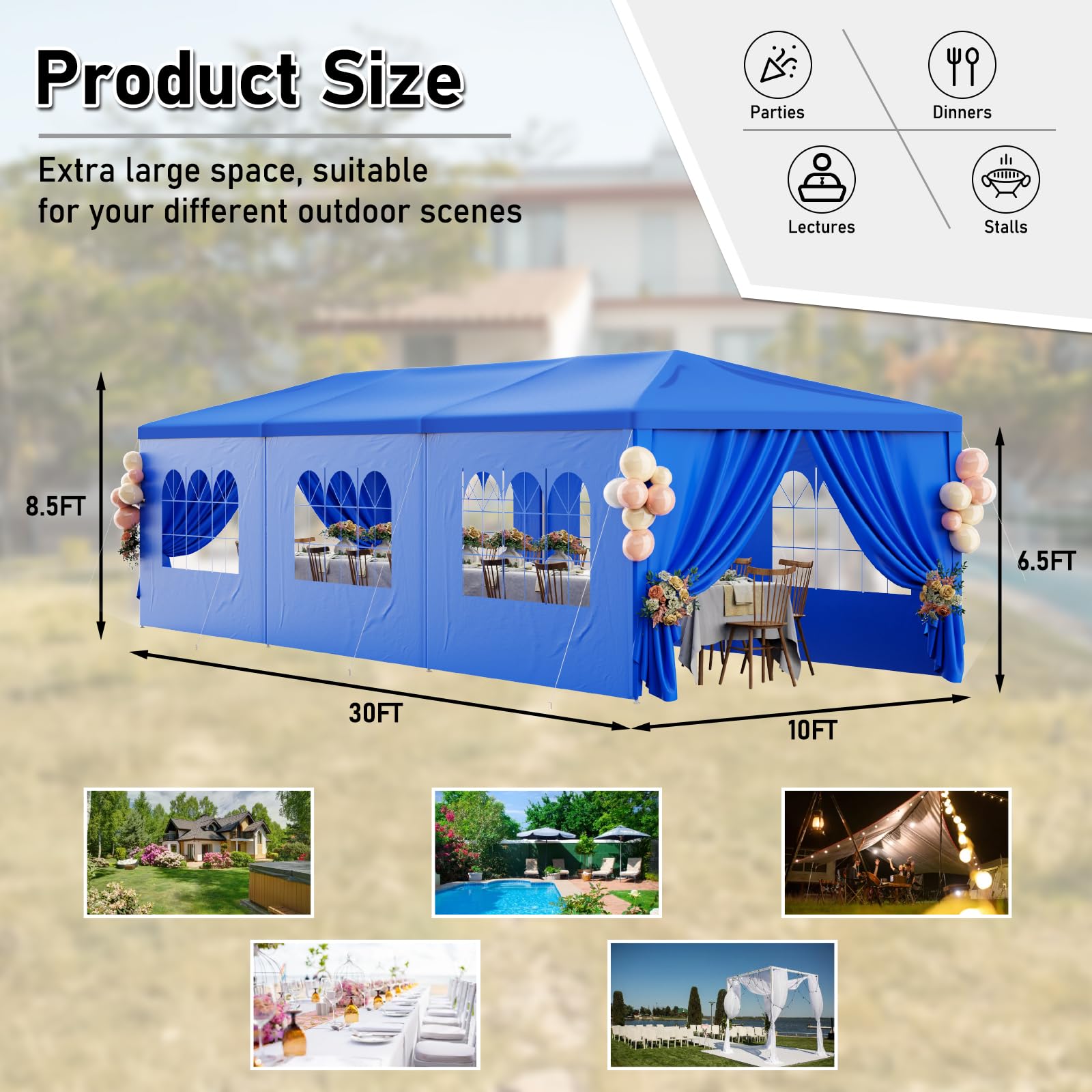 10x30FT Heavy Duty Waterproof Party Tent - Blue Outdoor Canopy Wedding Tent with 8 Removable Sidewalls - Perfect for Patio, Gazebo, Events, BBQ, Holiday, Birthday & Graduation Parties - Durable Shelter for Backyard Gatherings, Festivals & Outdoor Celebrations