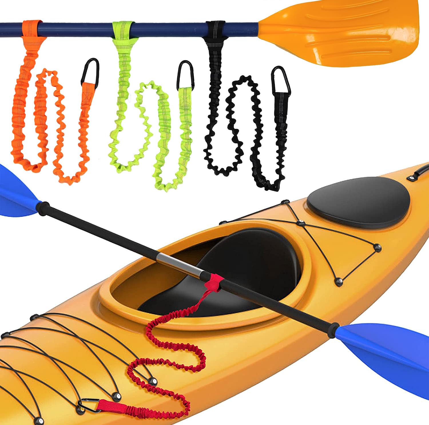 **2 Pack Stretchable Kayak Paddle Leash with Carabiner - Secure SUP, Canoe & Fishing Rod Holder - Durable Paddle Strap for Kayaking, Fishing & Water Sports**    *(Use Case: Perfect for kayaking, stand-up paddleboarding, canoeing, and fishing to keep your gear secure and within reach.)*